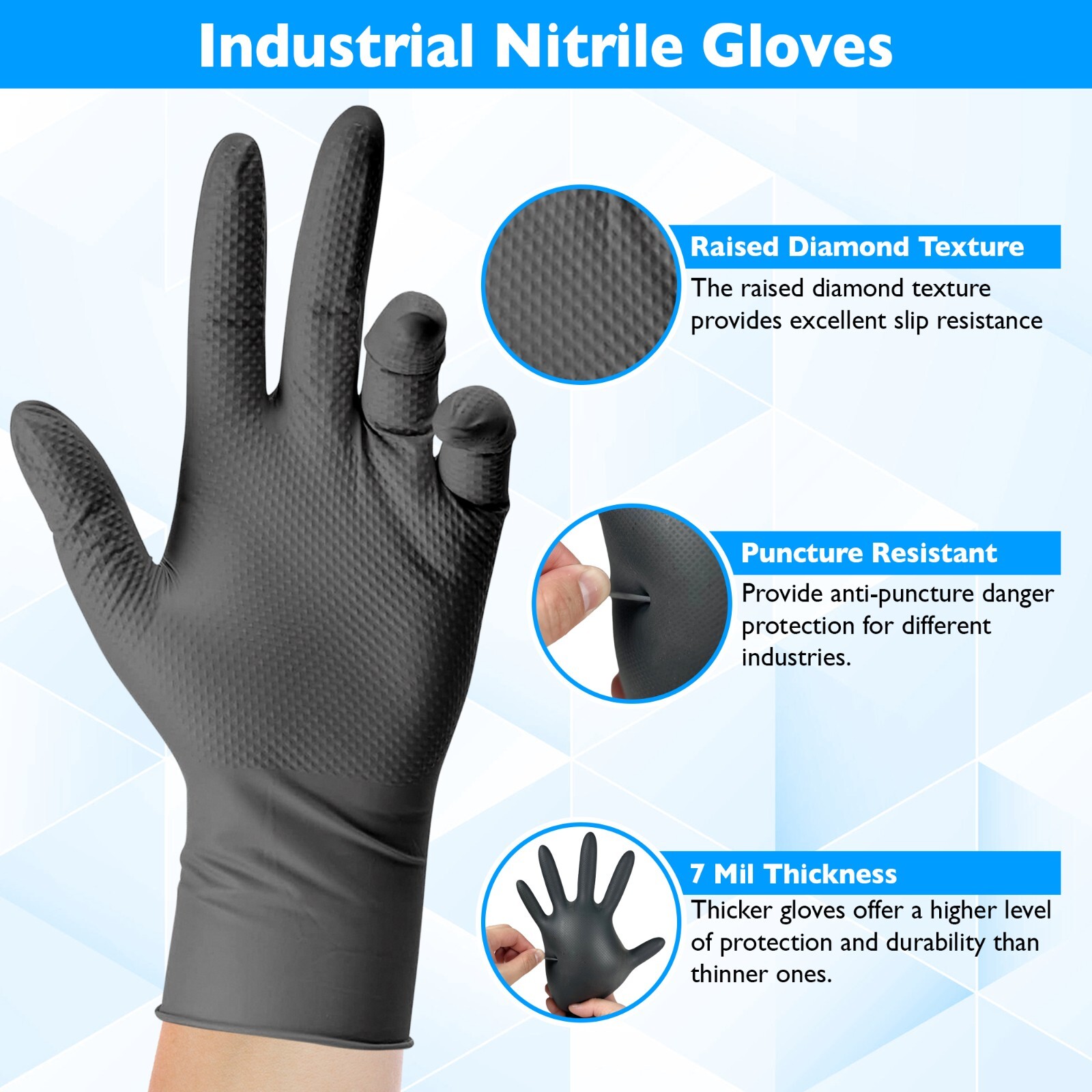Fortify Diamond Textured Nitrile Gloves – 7mil Heavy Duty, foodsafe (XL) Black