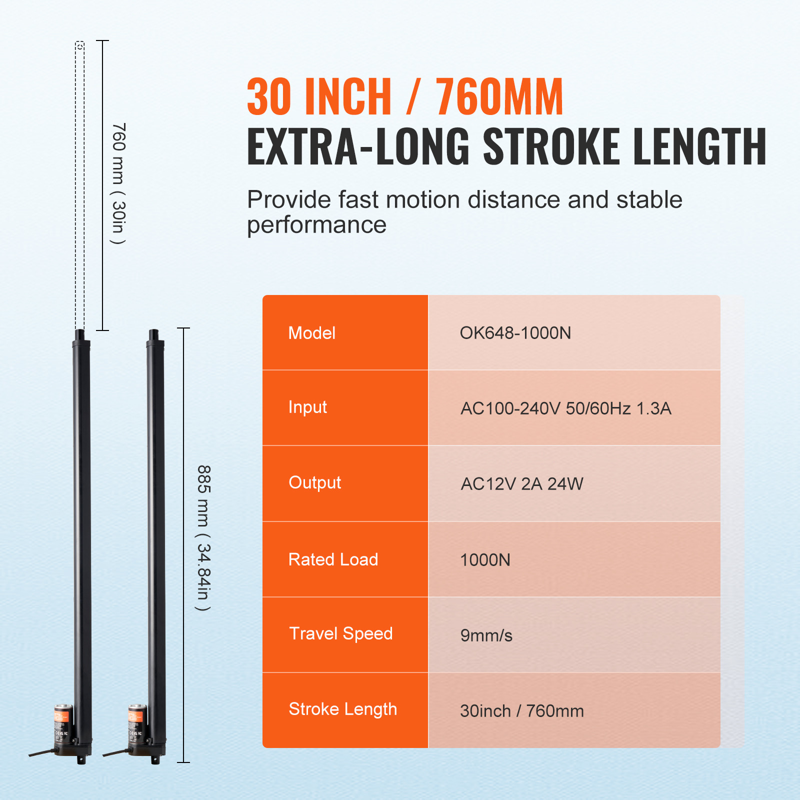 VEVOR 2PCS 12V Linear Actuator Kit 30 Inch 0.35″/s 220lbs/1000N IP54 Protection