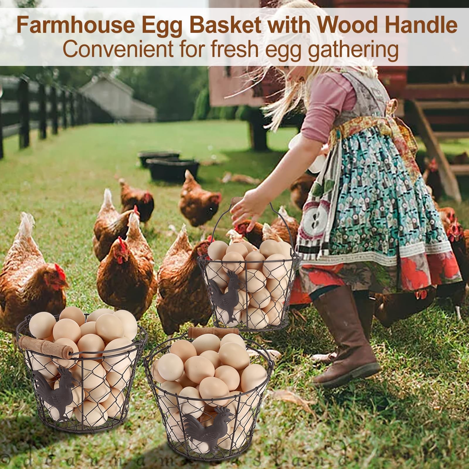 3 PCS 8’’ Farmhouse Egg Collecting Basket with Wood Handle, Rustic Metal Wire…