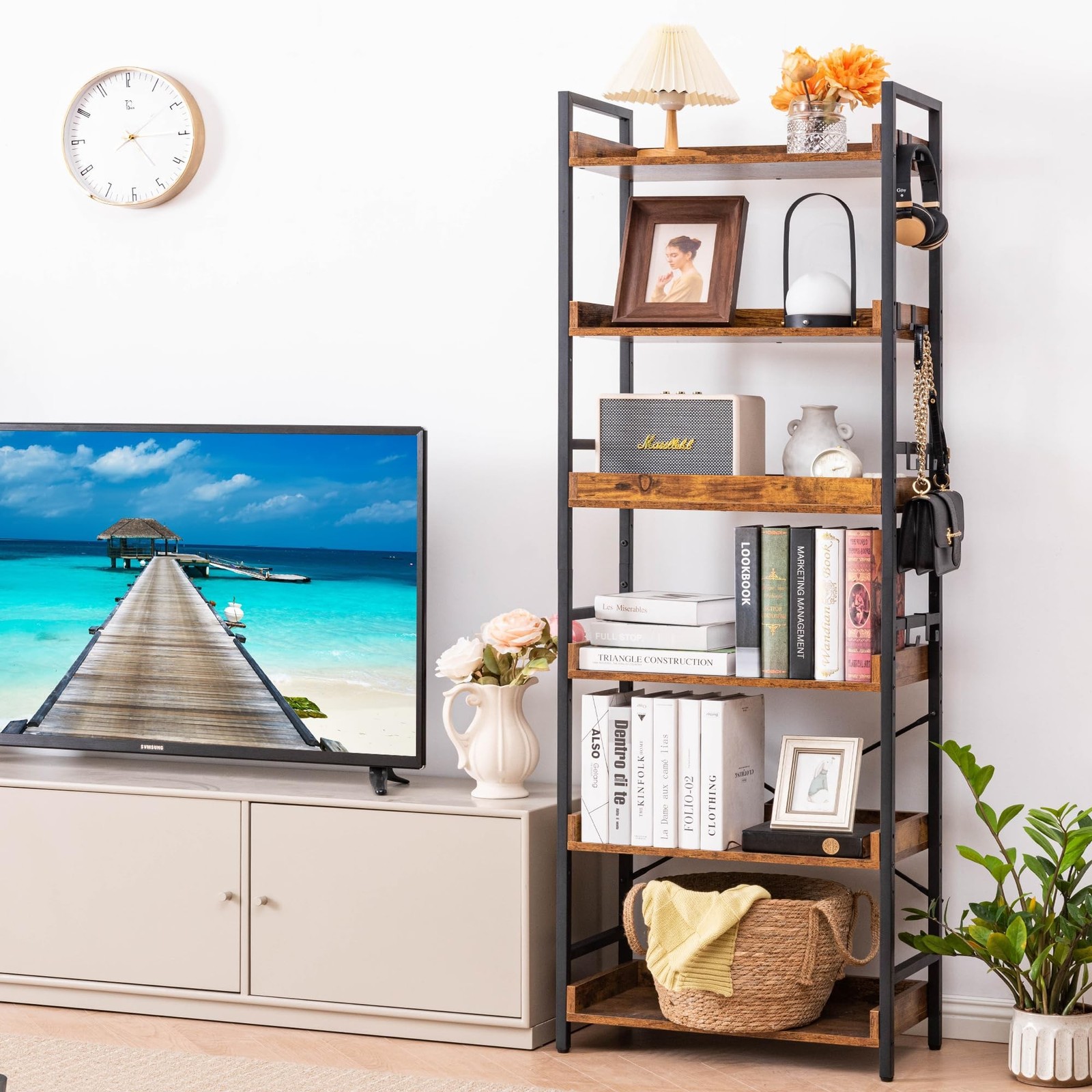 HCHQHS Adjustable 6 Tier Open Bookcase, Black Metal, Rustic Farmhouse