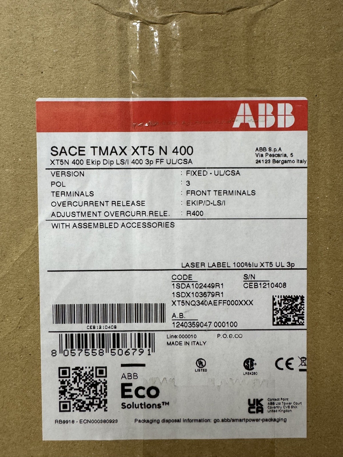 NEW TAKE OUT IN BOX ABB SACE TMAX XT5 N 400 Circuit Breaker