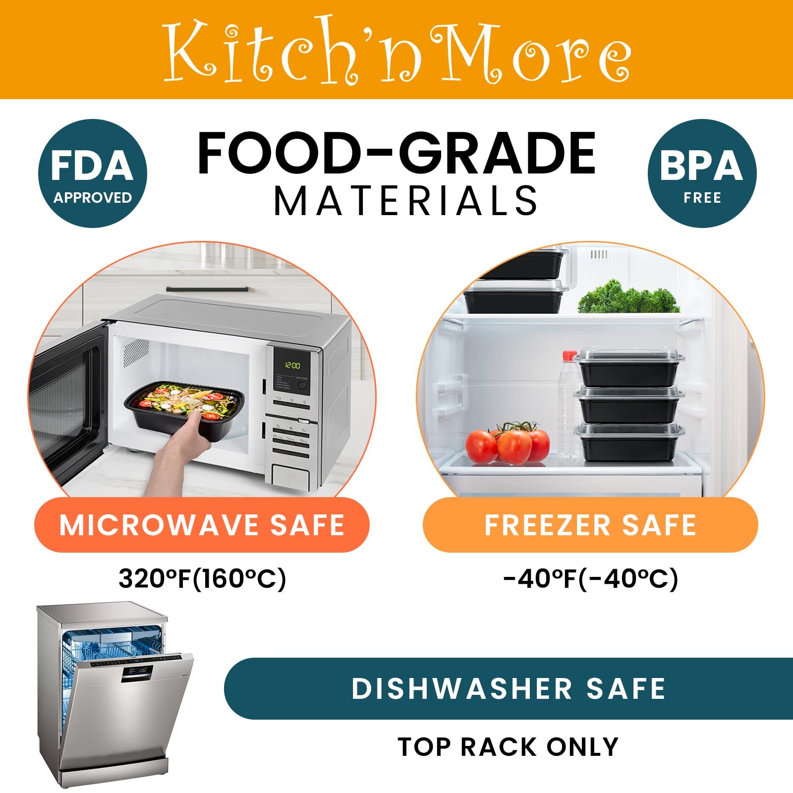 Kitch’nMore 38oz Meal Prep Containers, Extra Large &Thick Food Large, Black