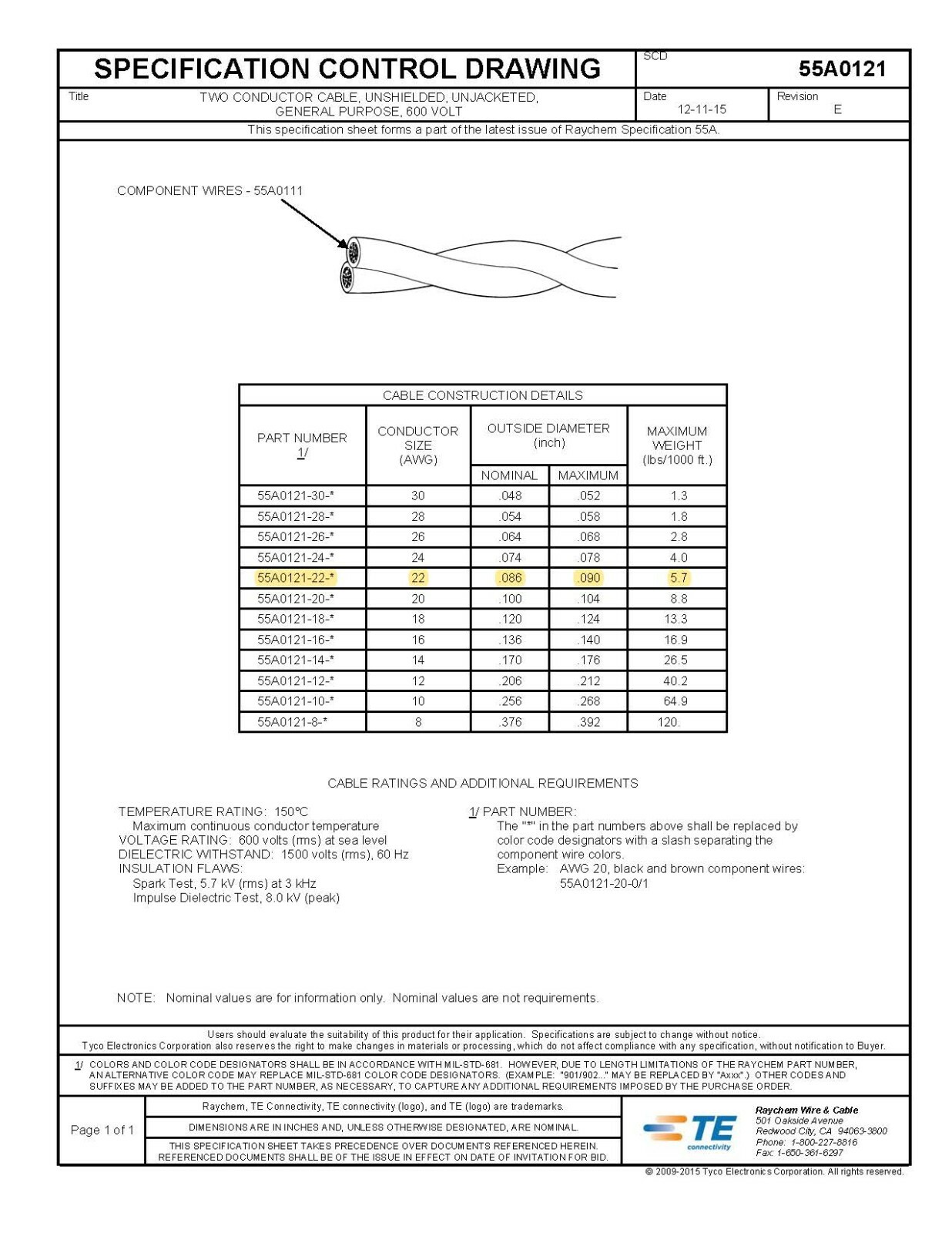 Raychem/TE M27500-22SB2U00 22/2C XL-ETFE Spec 55 55A0121 Aerospace Cable /25ft