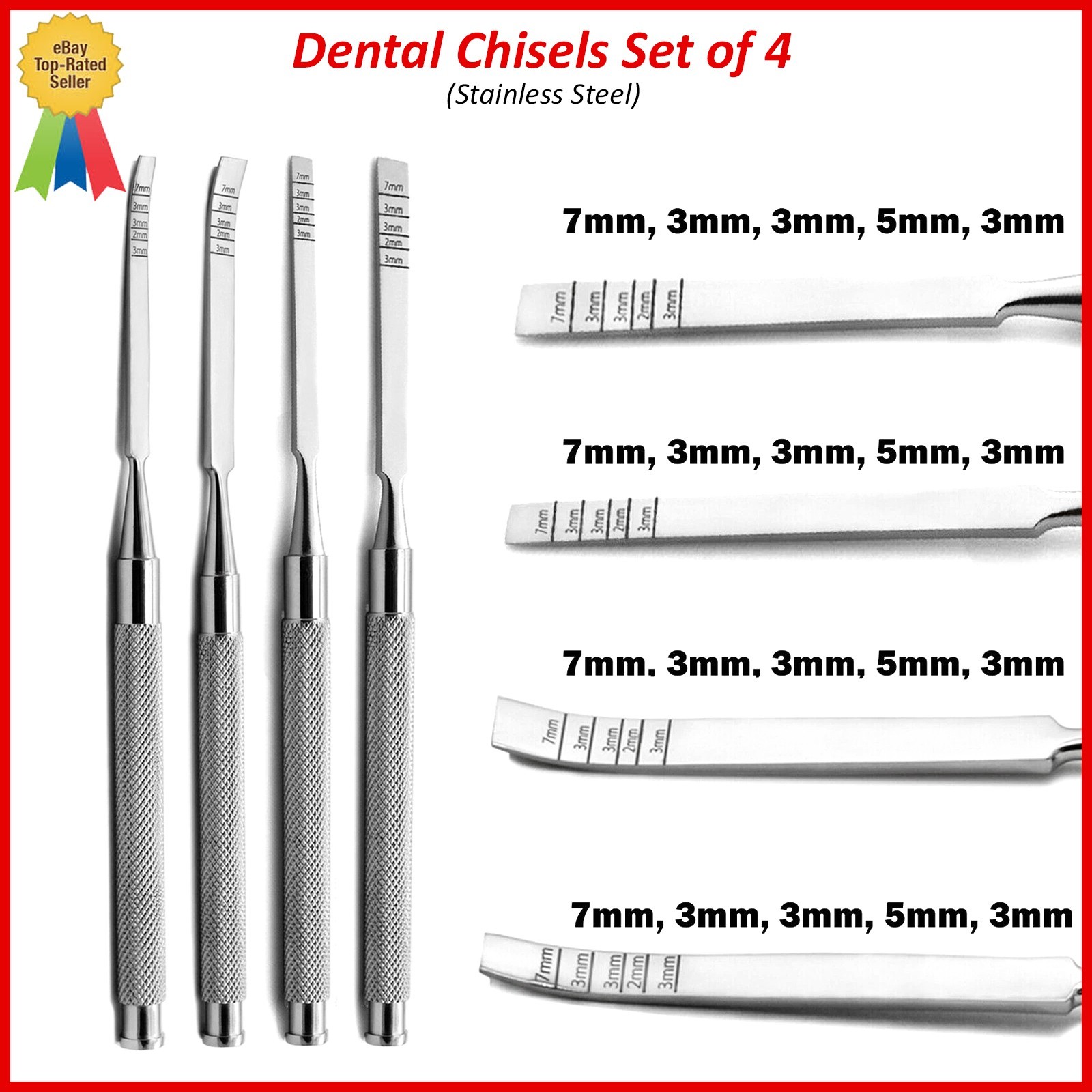 Set of 4 Dental Chisels Straight-Curved Surgical Ridge Bone Splitting Extraction