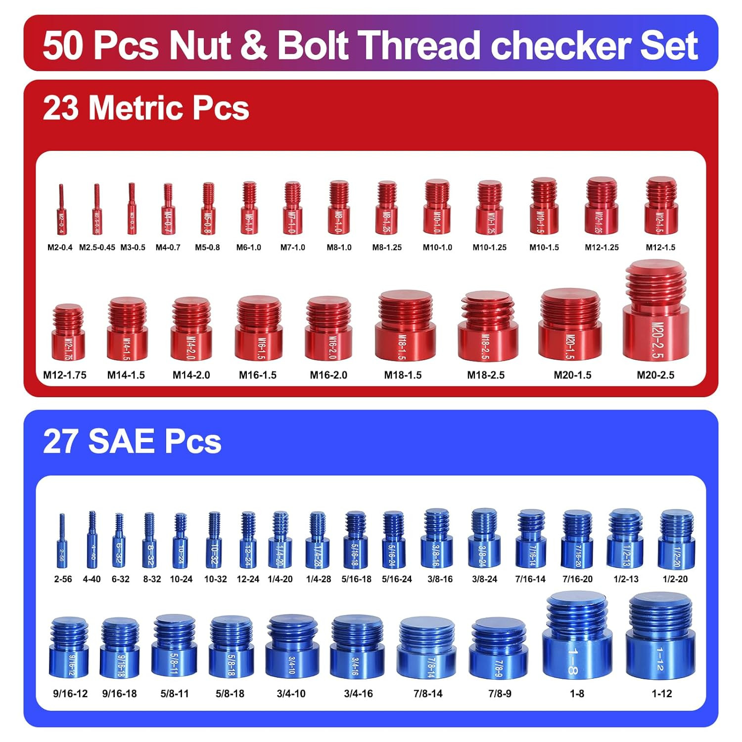 50 Pcs Thread Checker Bolt Size Finder Nut Gauge Set 23 Metric 27 SAE Box