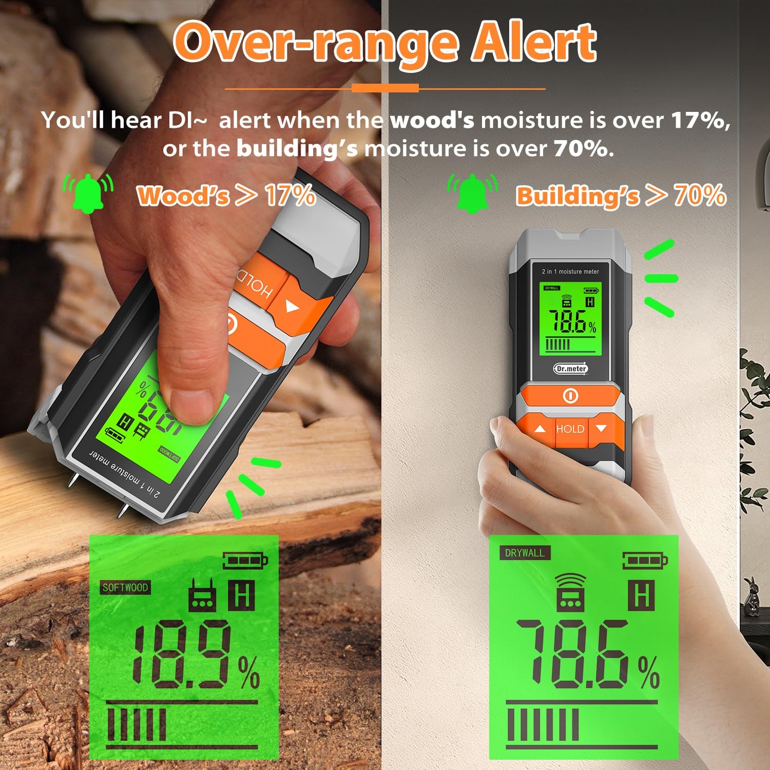 [Upgrade] Wood Moisture Meter, Dr.meter 2 in 1 Pin & Pinless Multifunctional