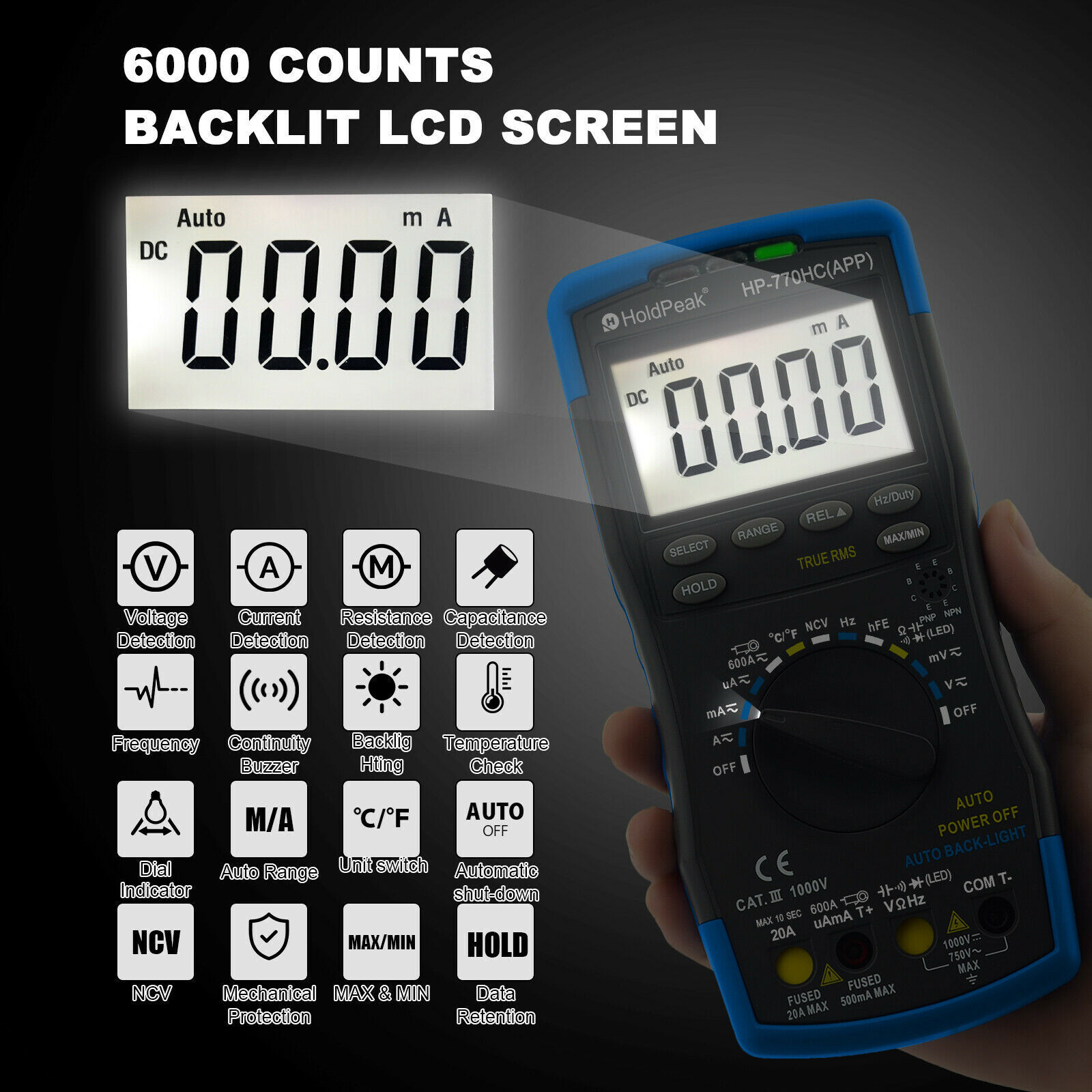 Voltmeter TRMS 6000 Count AC/DC NCV 1000V 20A Bluetooth Test Digital Multimeter