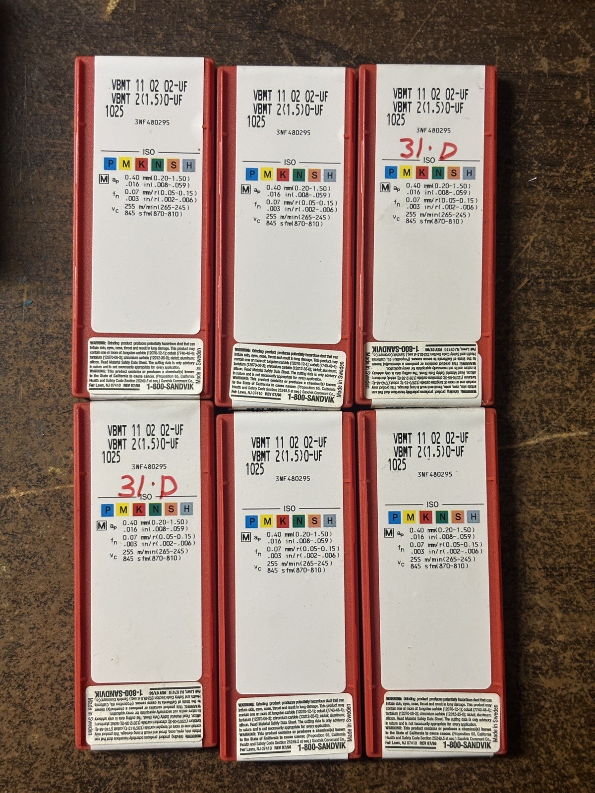 Sandvik VBMT 11 02 02-UF 1025 Carbide 10 Inserts (1 box)