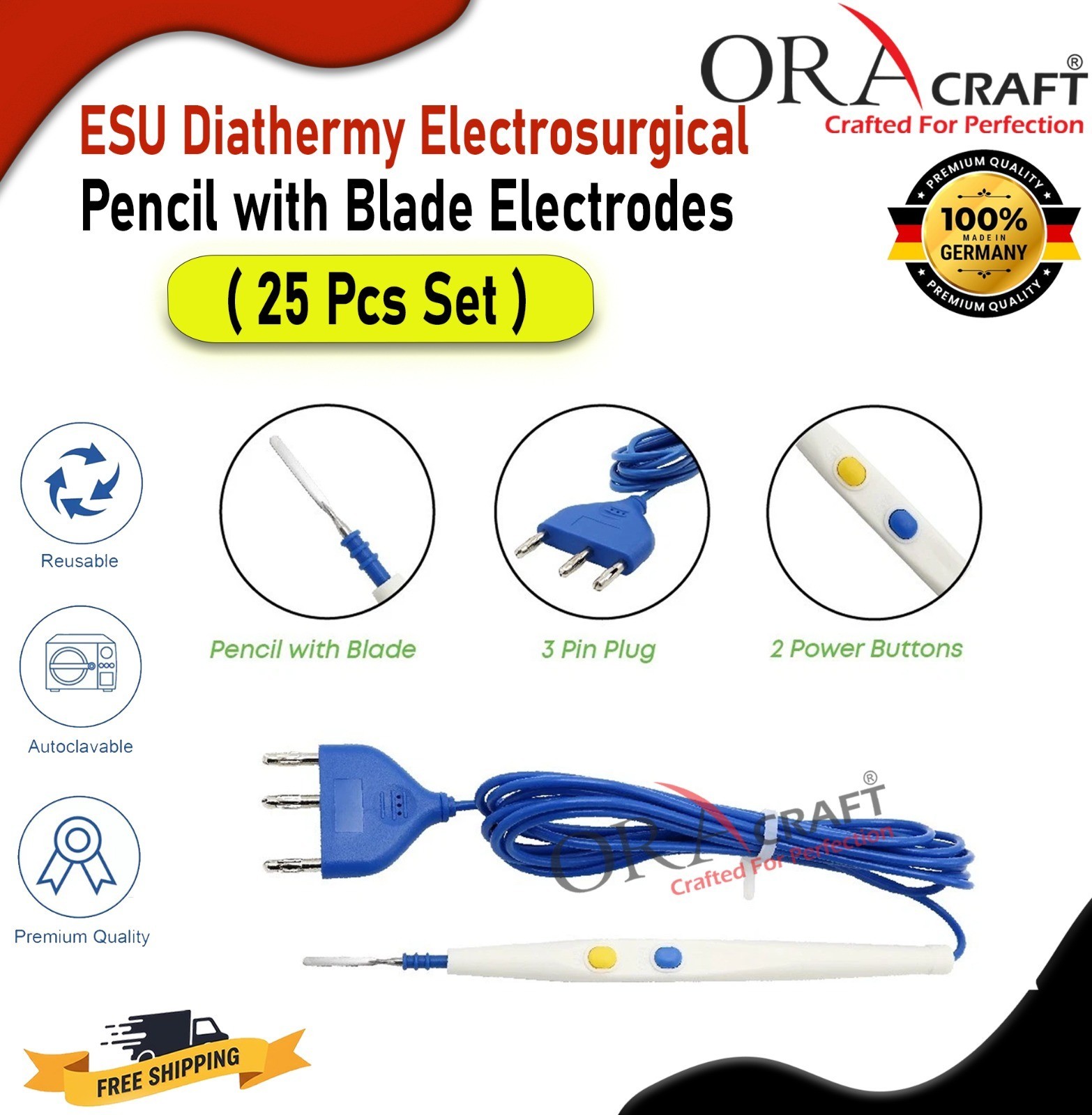ESU Diathermy Electrosurgical Pencil with Blade Electrodes (25 Pcs Set) CE