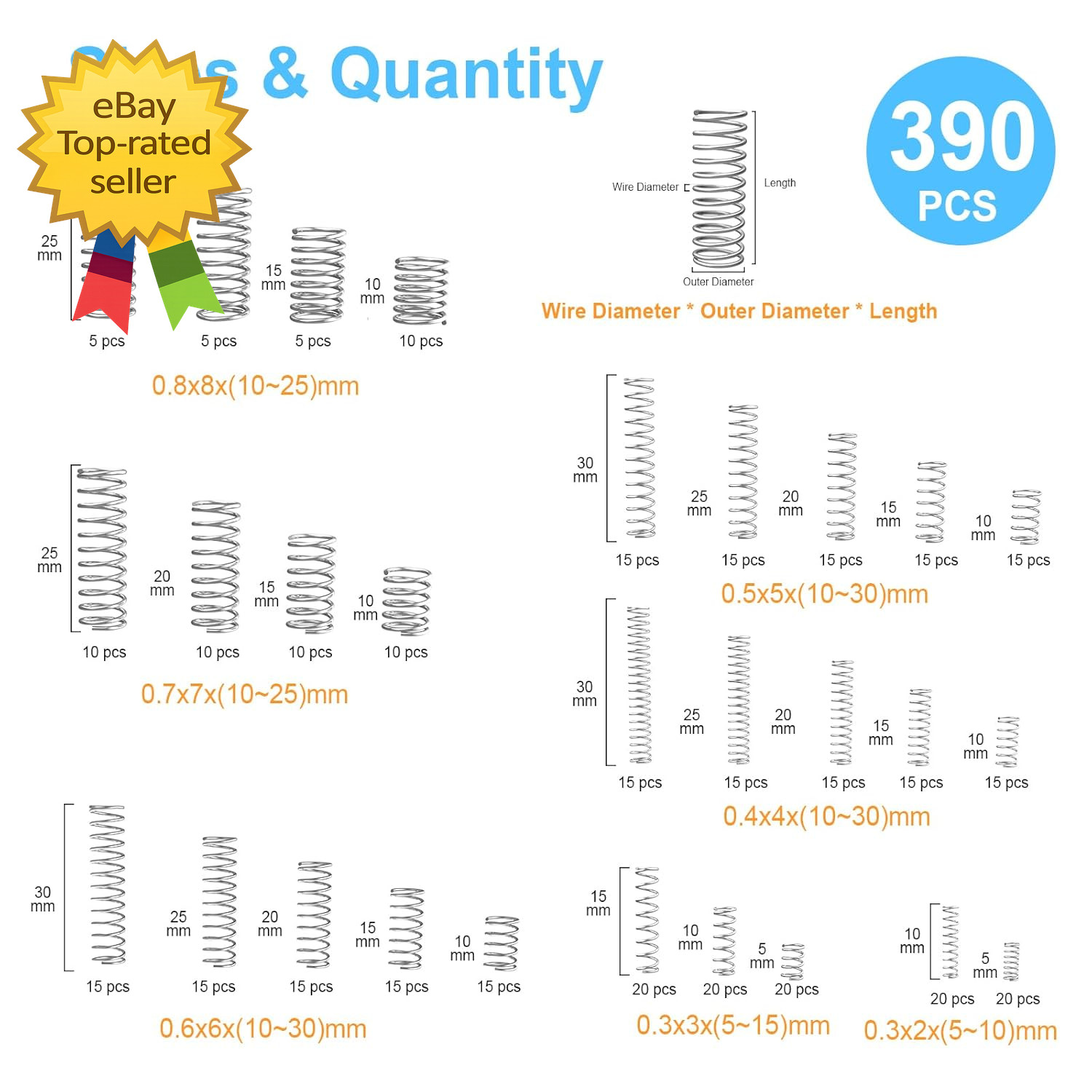 390 Piece Compression Spring Assortment Kit 28 Sizes Stainless Steel Set