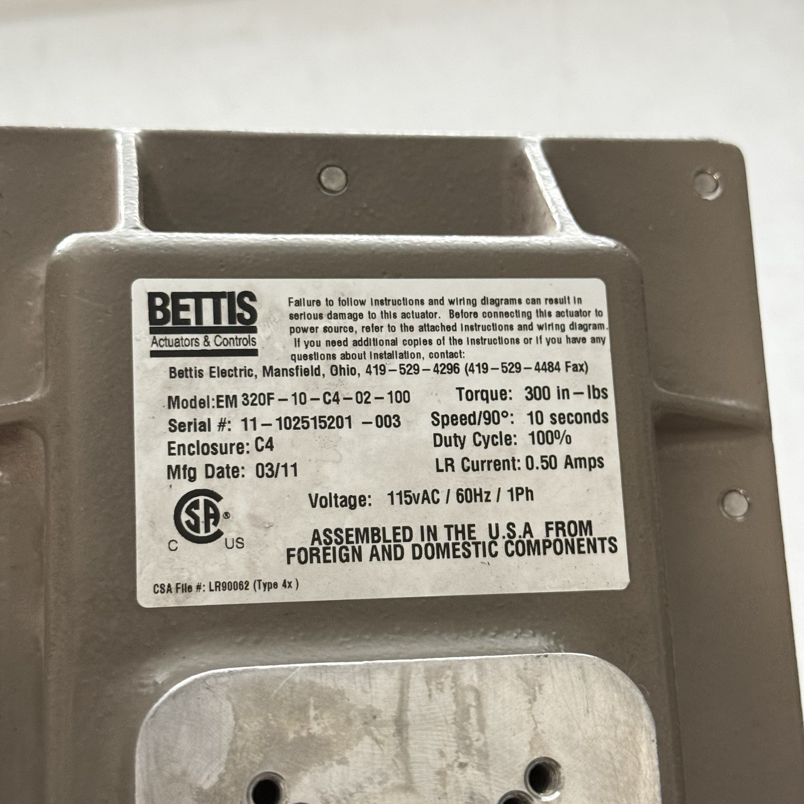 BETTIS EM 320F-10-C4-100 300 IN-LBS 90° 10 SEC 115v 1PH VALVE ACTUATOR