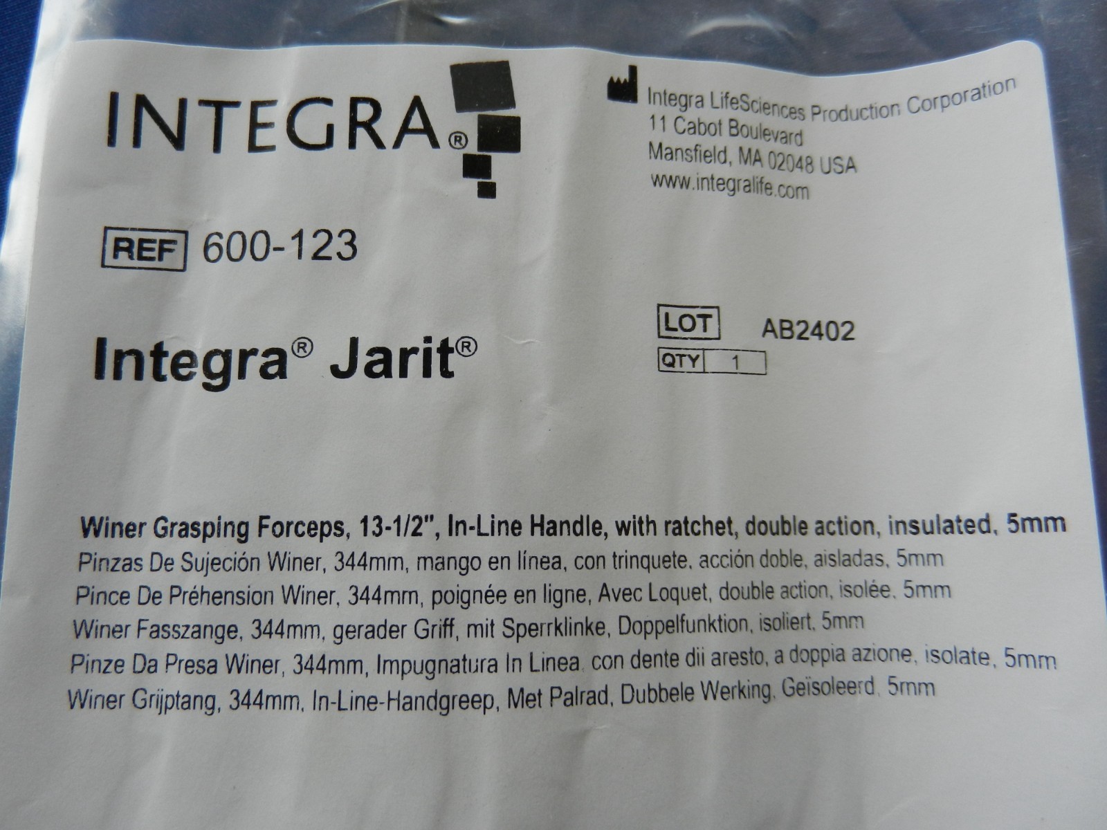 E6777 ***NEW*** Integra Jarit 600-123 Winer Insulated Grasping Forceps 13.5″