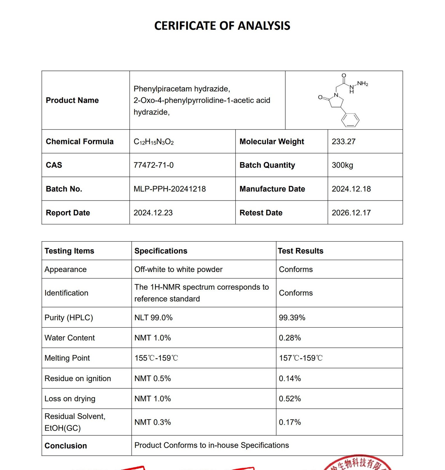 Phenylpiracetam Powder, Purity 99% min, 5 Grams (5g) CAS 77472-71-0