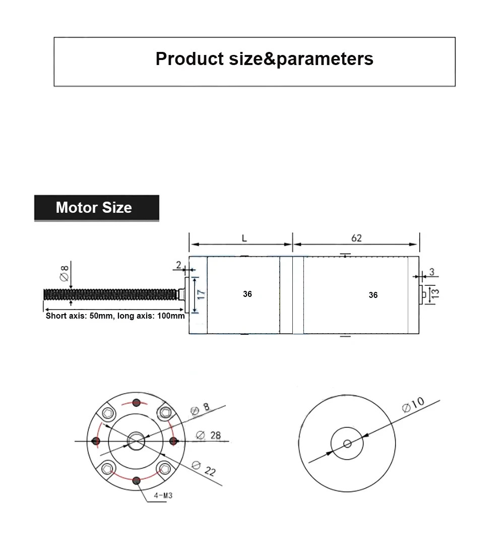 100kg 36mm 12V/24V M8 100mm/50mm threaded long shaft planetary DC reducer motor