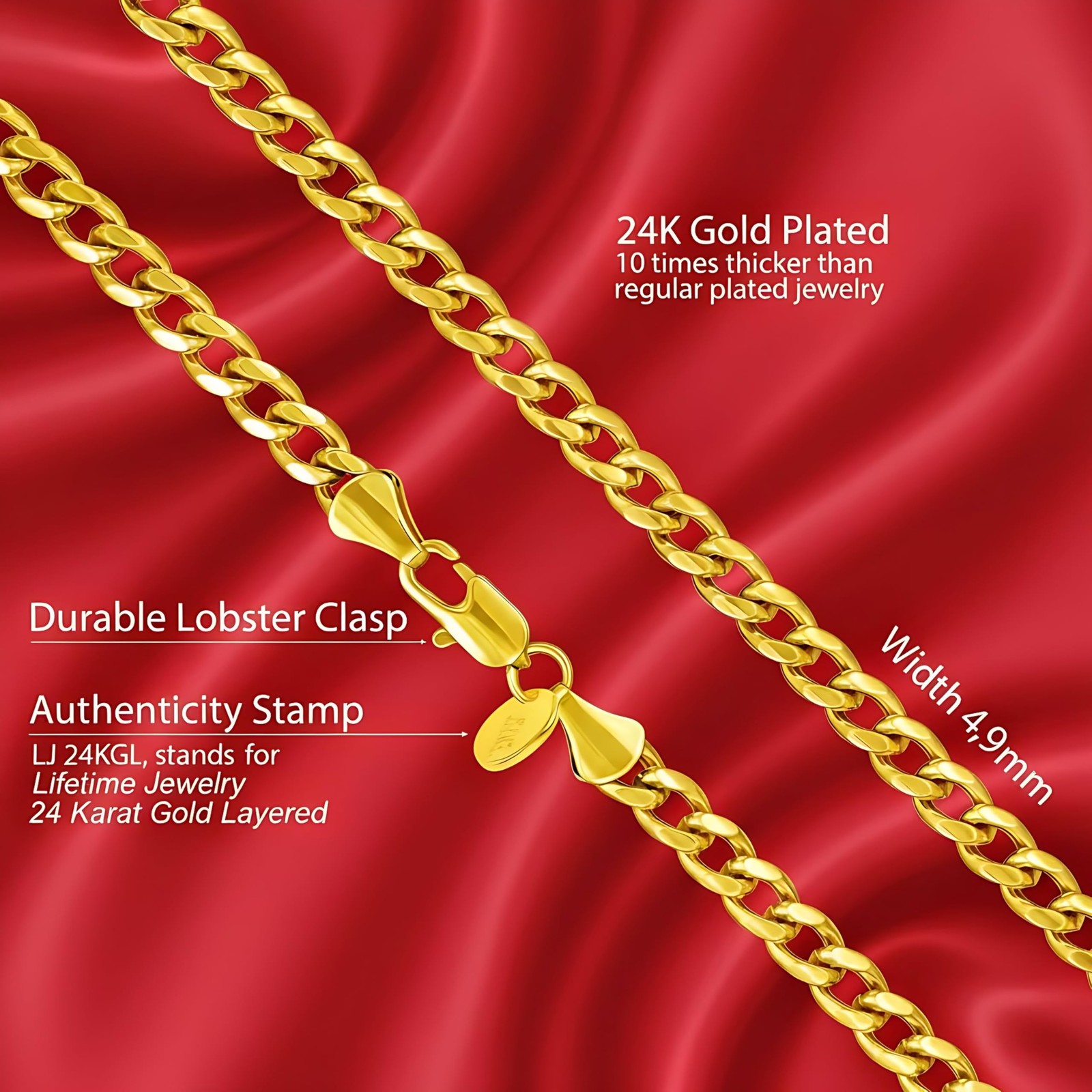 LIFETIME JEWELRY 5mm Cuban Link Chain Necklace for Women and Men 24k Gold Pla…