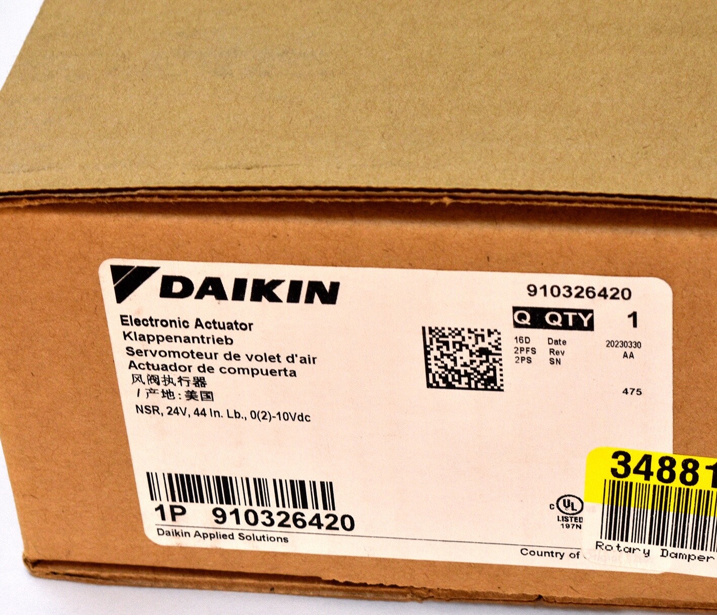 Daikin 910326420 Rotary Damper Electronic Actuator, 24V, NSR, 44 in lbs New