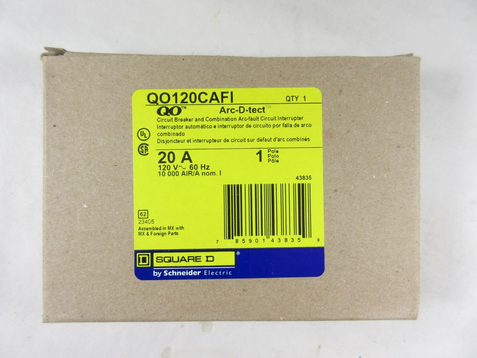 Schneider, Square D, Circuit Breaker, QO120CAFI, 20 Amps, 120 Volts, New in Box