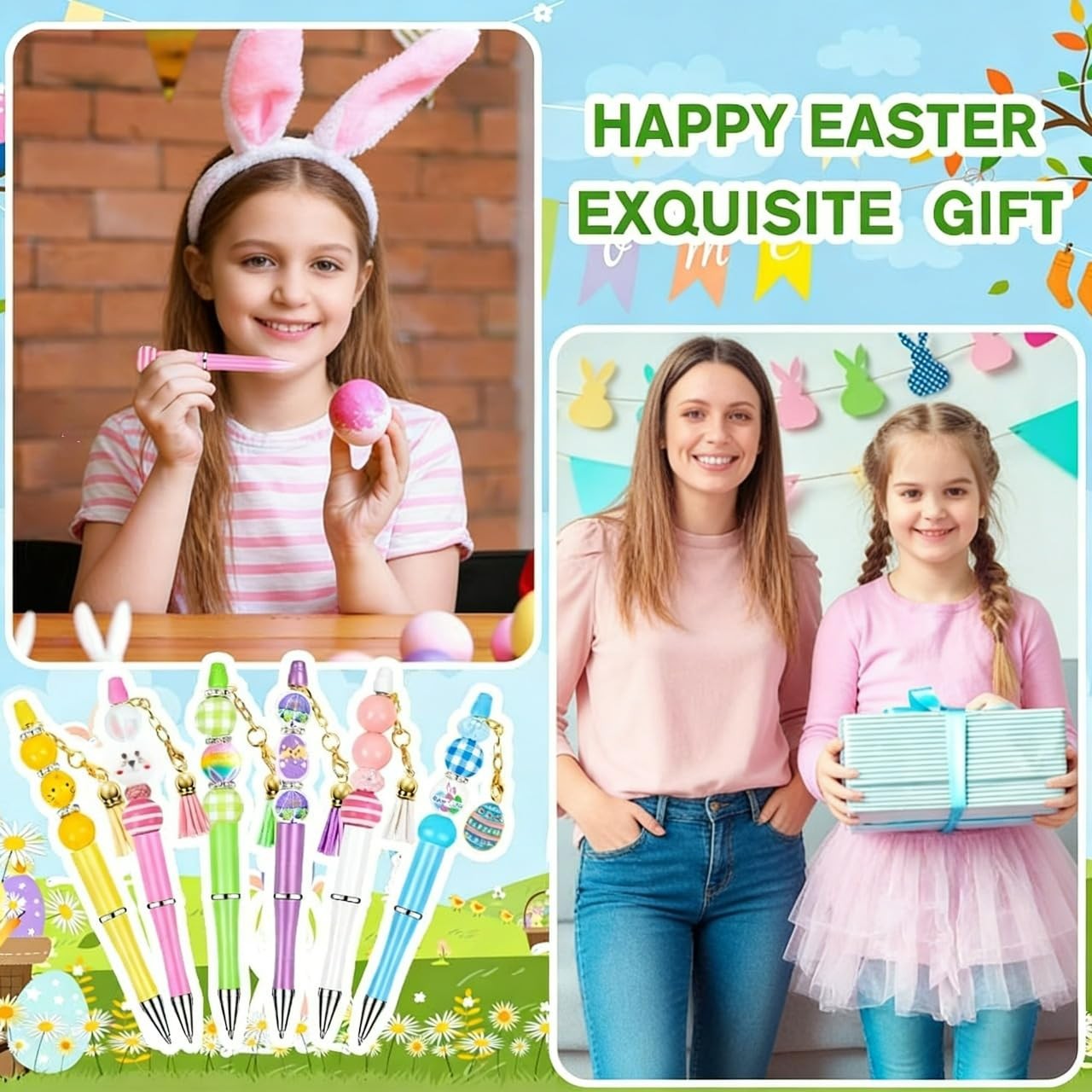 Vellibring 12 Sets Easter Beadable Pens Rabbit and Egg Ballpoint Green