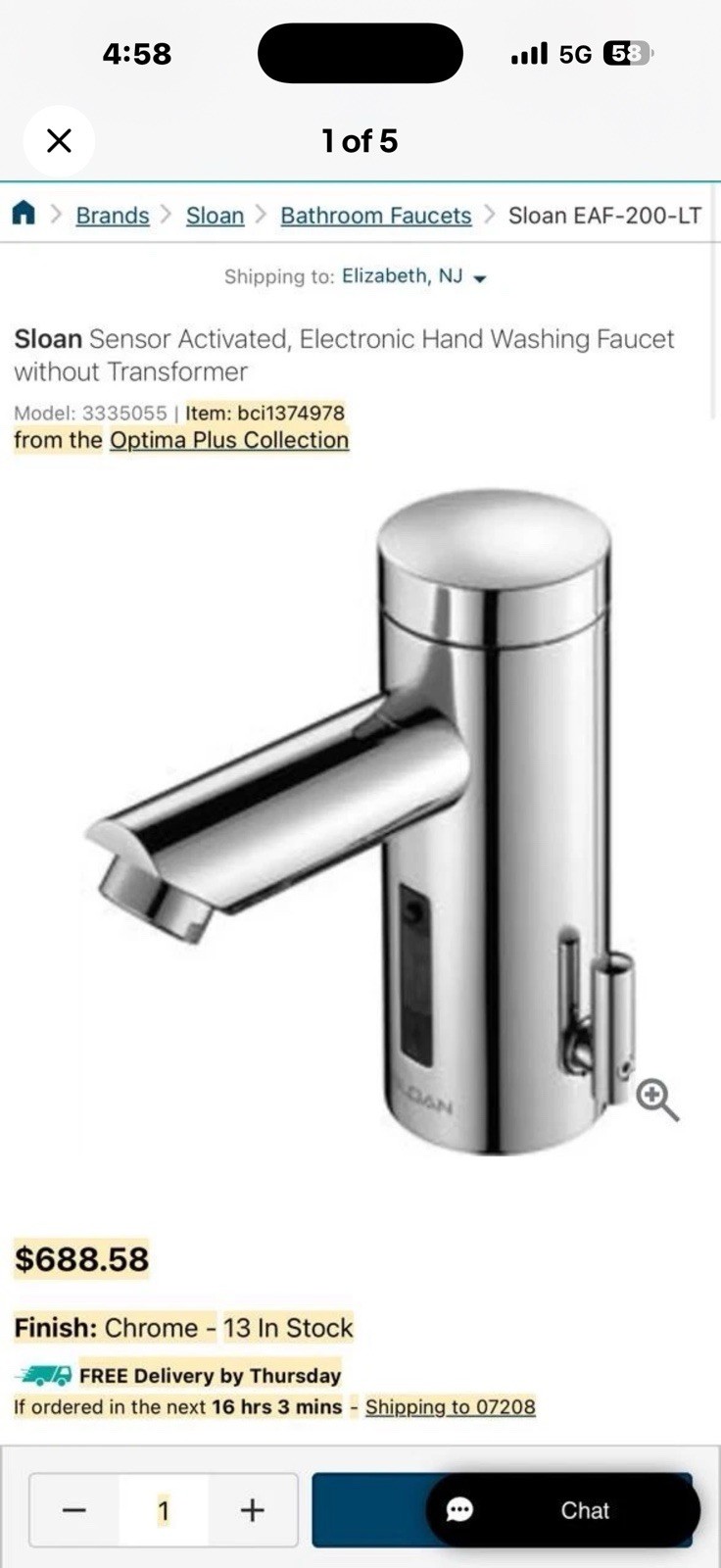 Sloan Optima EAF-200-P CP sensor-activated electronic hand washing faucet.