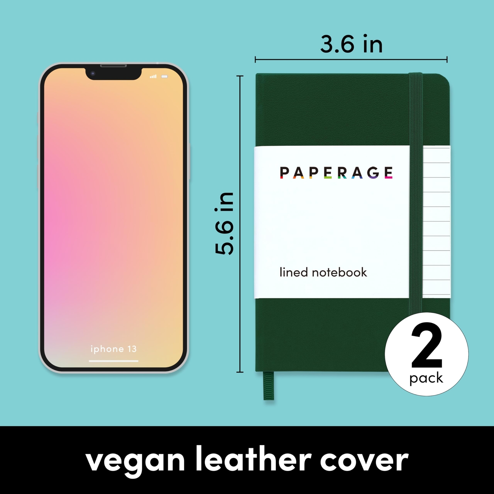 PAPERAGE Lined Pocket Journal Notebook, 2 Pack, (Dark Green), 160 Pages, Smal…