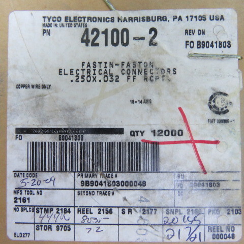 TE 42100-2 Qty of 305 per Lot 1 FASTON .250 X .032 LOCKING