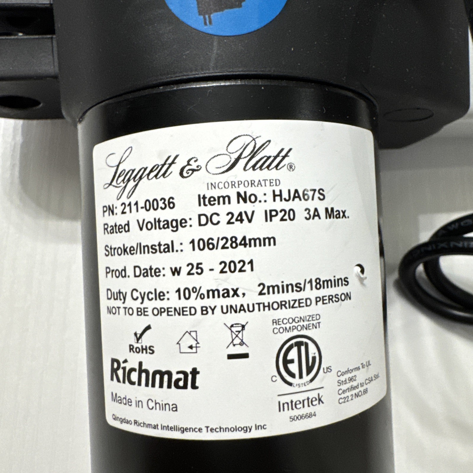 Richmat PN-211-0036 HJA67S Actuator 24V Leggett Platt 4-Pin FOOT Motor