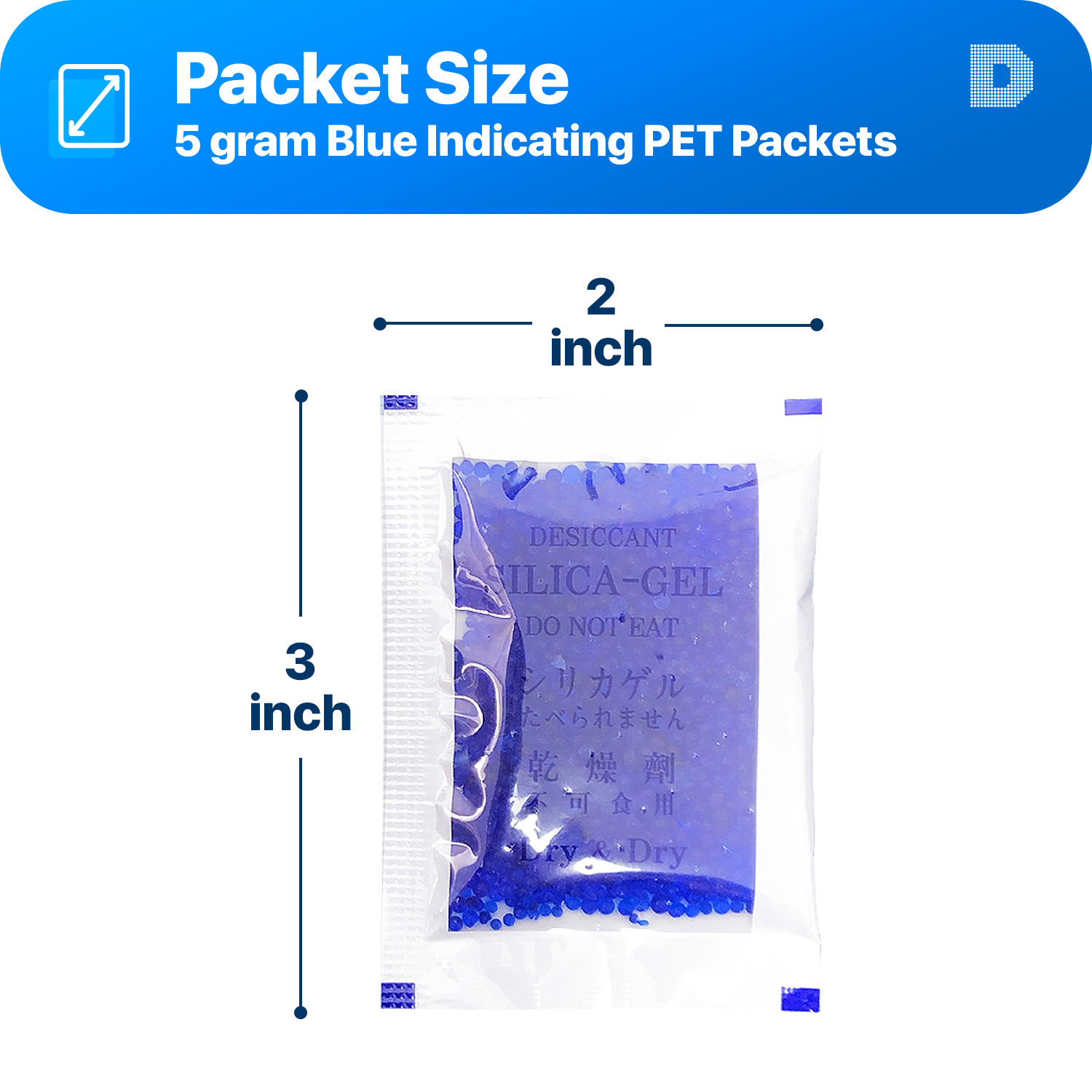 [50 Pk] 5 Gram” Dry & Dry” Premium Blue Indicating Silica Gel Packets – Reusable