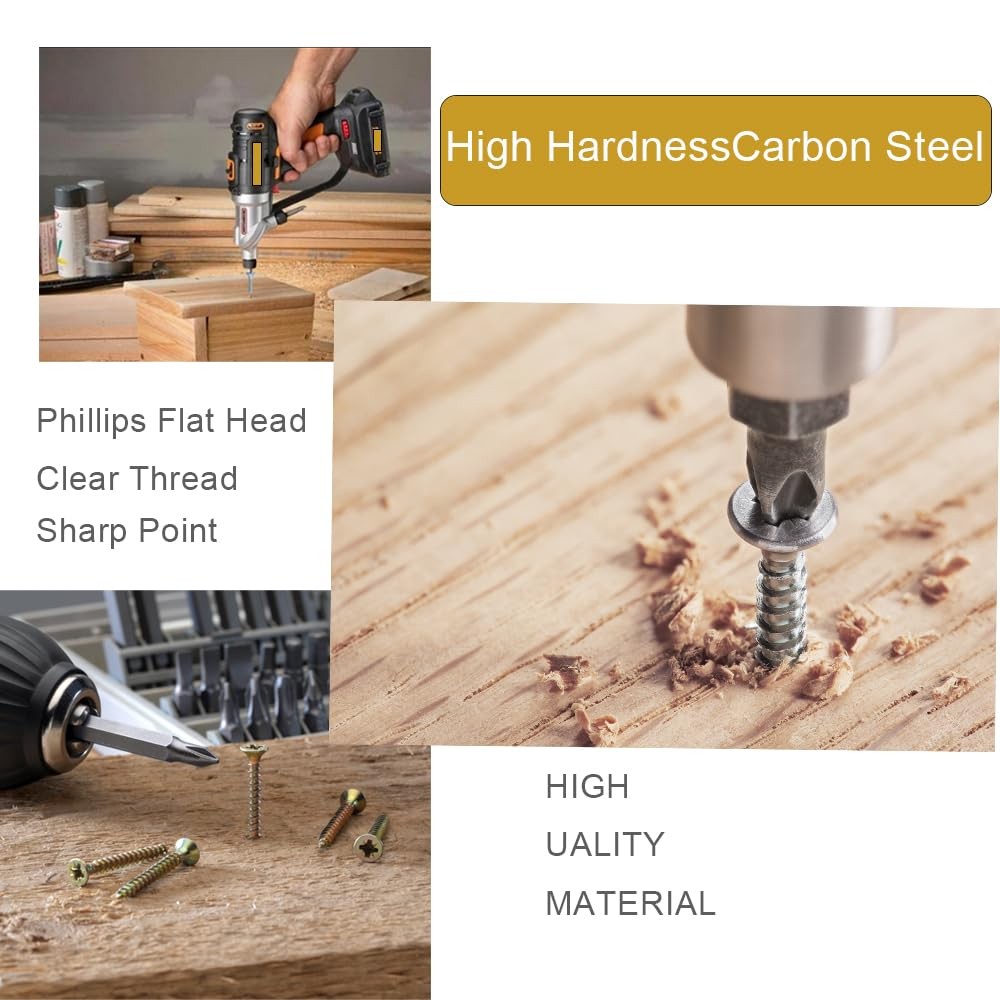 Wood Screws Assortment Kit Phillips Flat Head Carbon Steel Hardware Set 6 Sizes