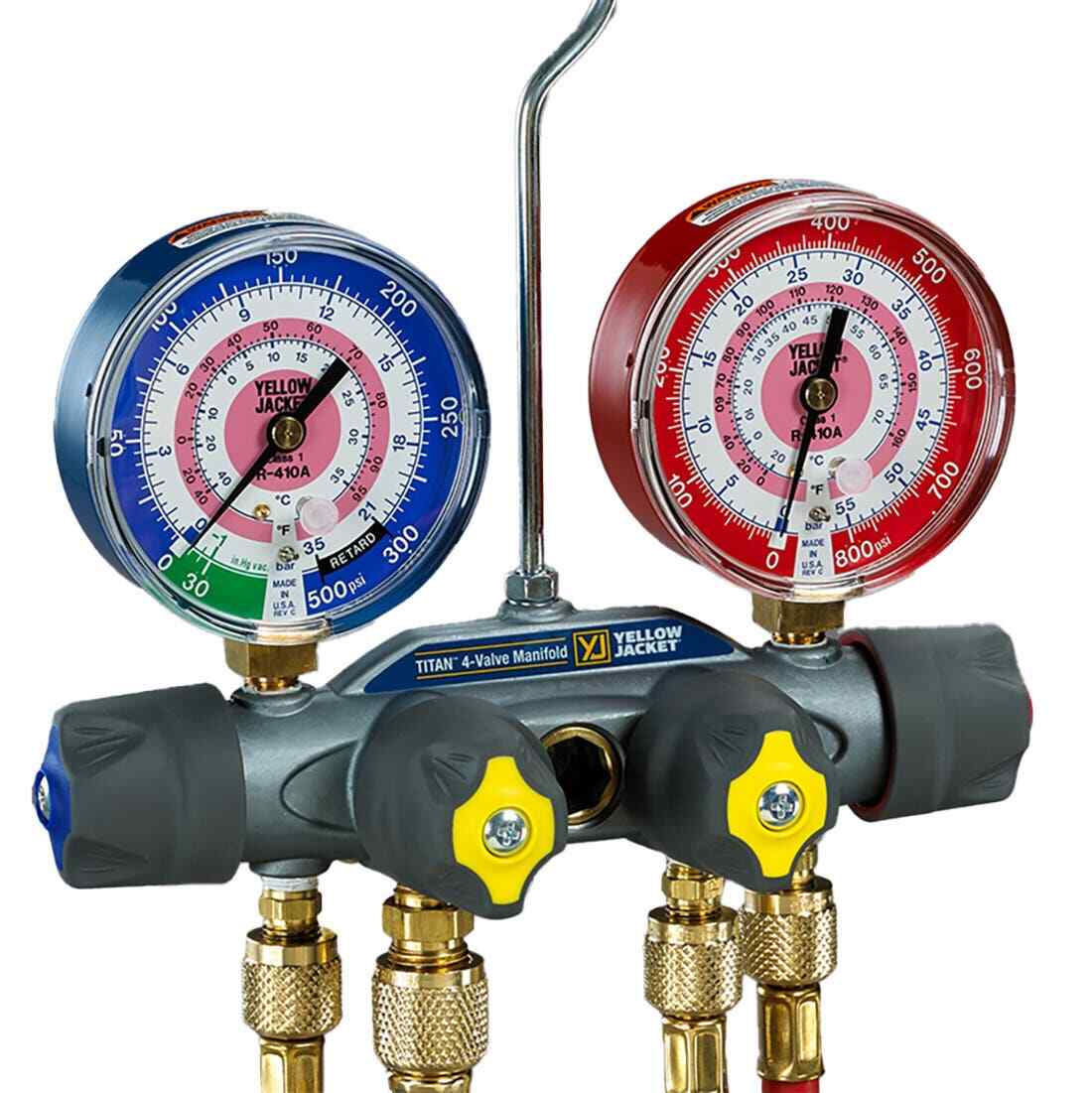 Yellow Jacket 49974 4-Valve TITAN Test/Charging Manifold, Gauges