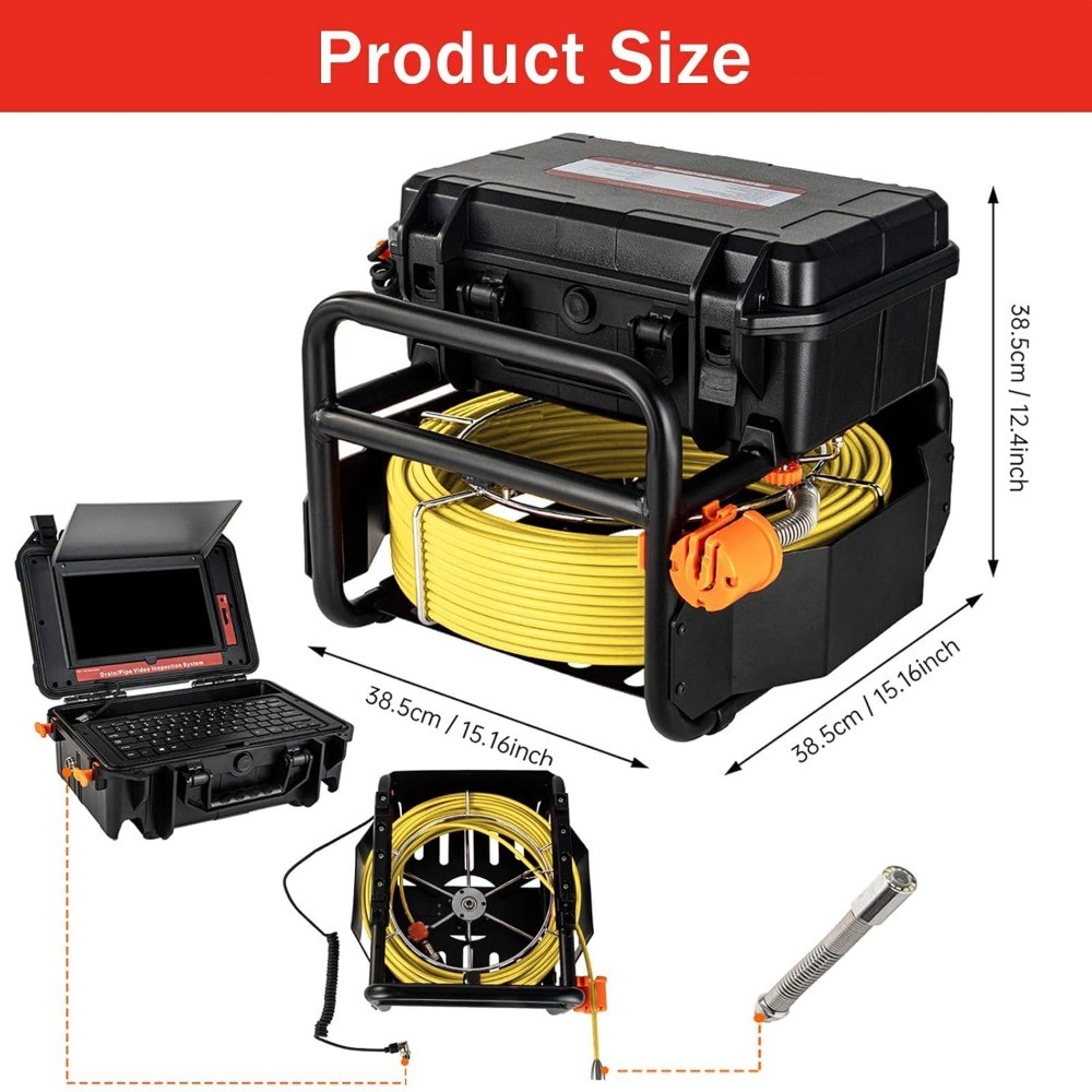 300FT Sewer Camera w/ 10.1″ Touchscreen Self-Leveling 12 LED Lights & Recording