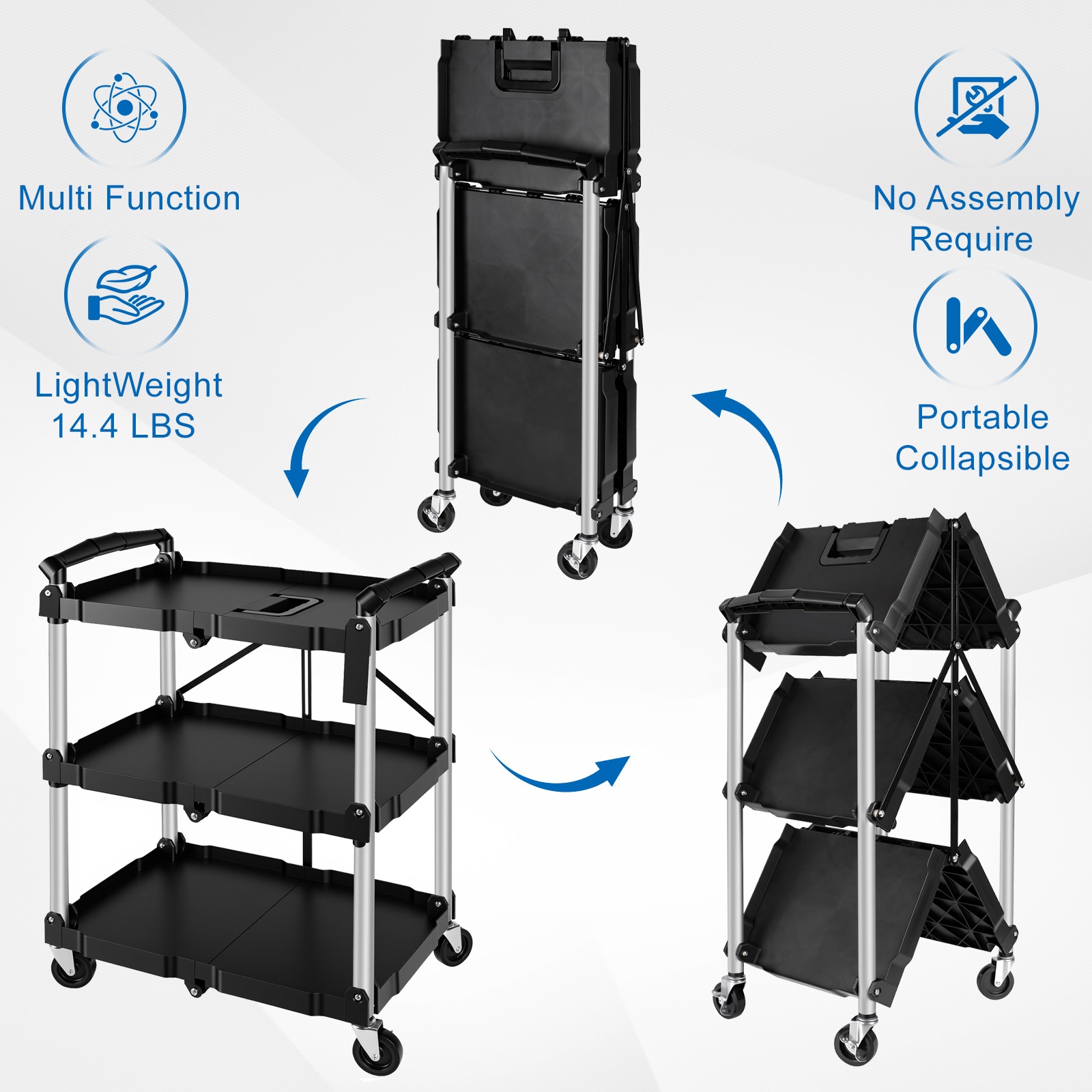 Folding Collapsible Utility Service Cart 3 Shelf 150LB w/ Swivel Lockable Wheels