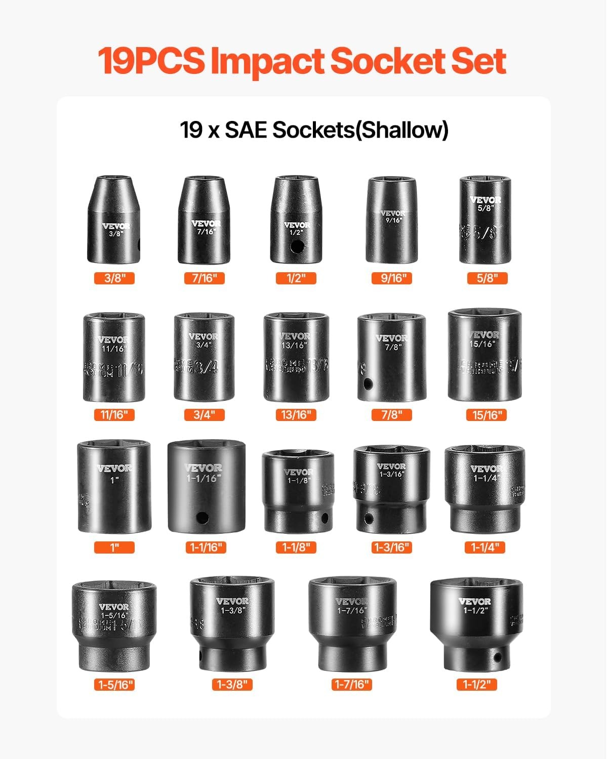 VEVOR Impact Drive Socket Set 1/2 Inches 19 Piece 1/2” SAE 19PC CR-V, Black
