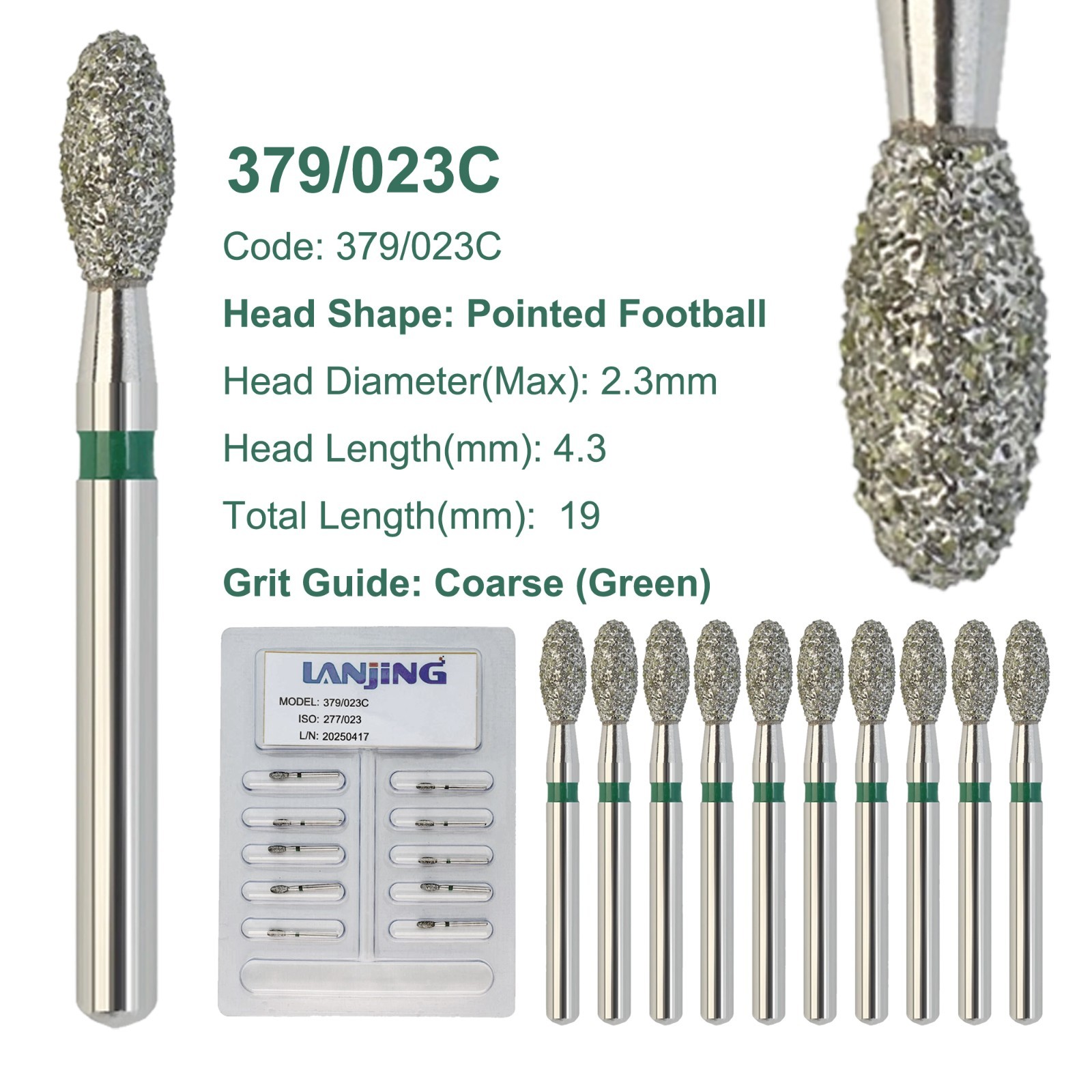Multi-Use Football Diamond Burs FG 379/023C Egg Coarse Grit Green Friction Grip