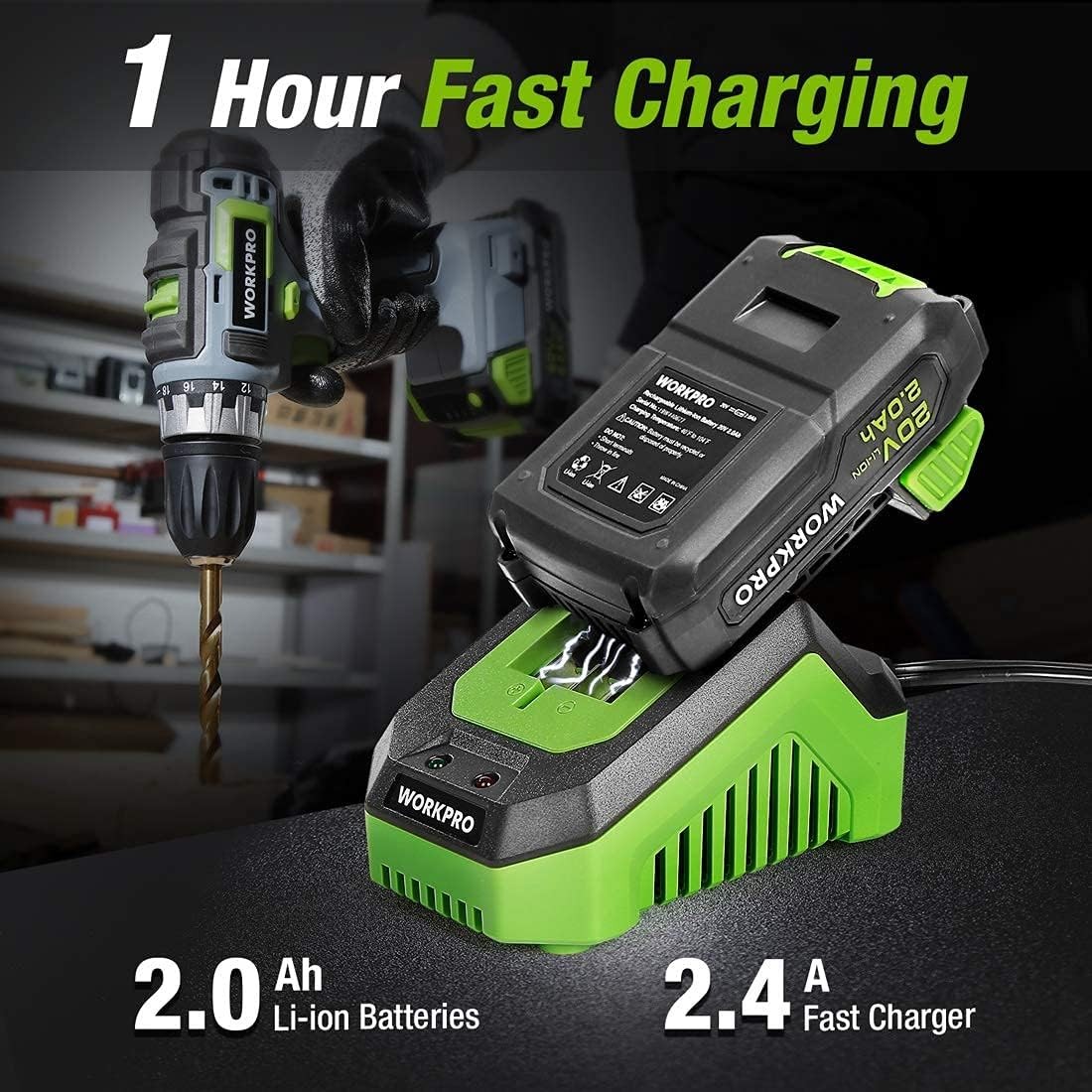 WORKPRO 20V Cordless Drill Driver Impact Driver Kit w/2PC Batteries Fast Charger