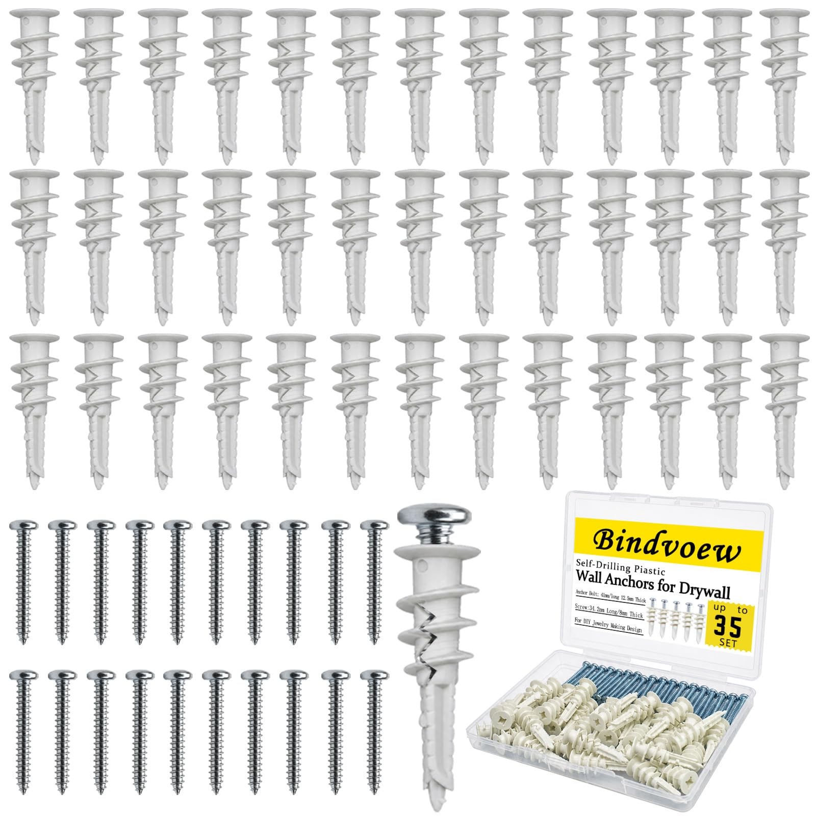 Bindvoew 70pc SelfDrill Drywall Anchors, Heavy Duty 75LB, No PreDrill.