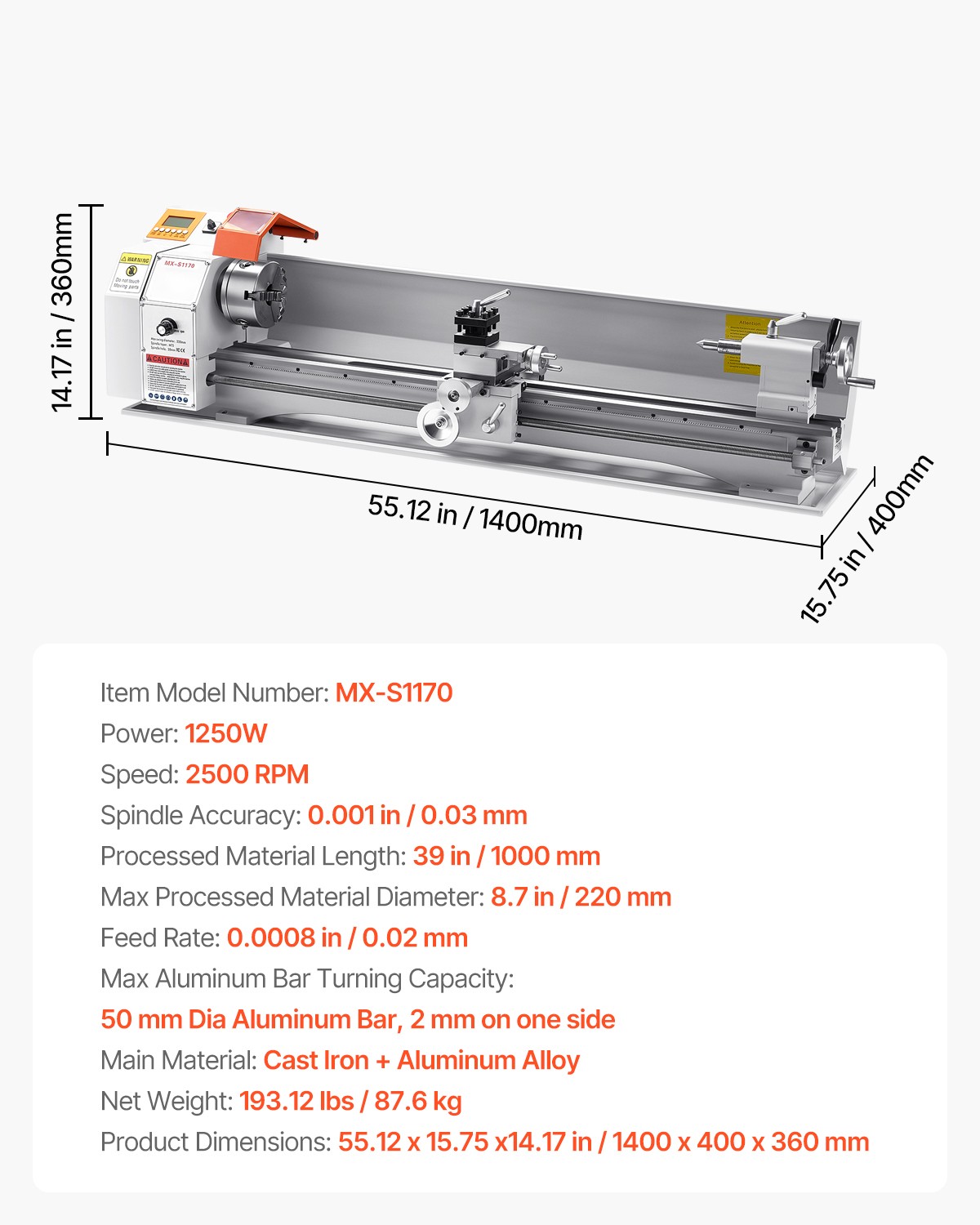 Metal Lathe Machine 8.7 x 39 in Precision Bench Power Metal Lathe Automatic Feed
