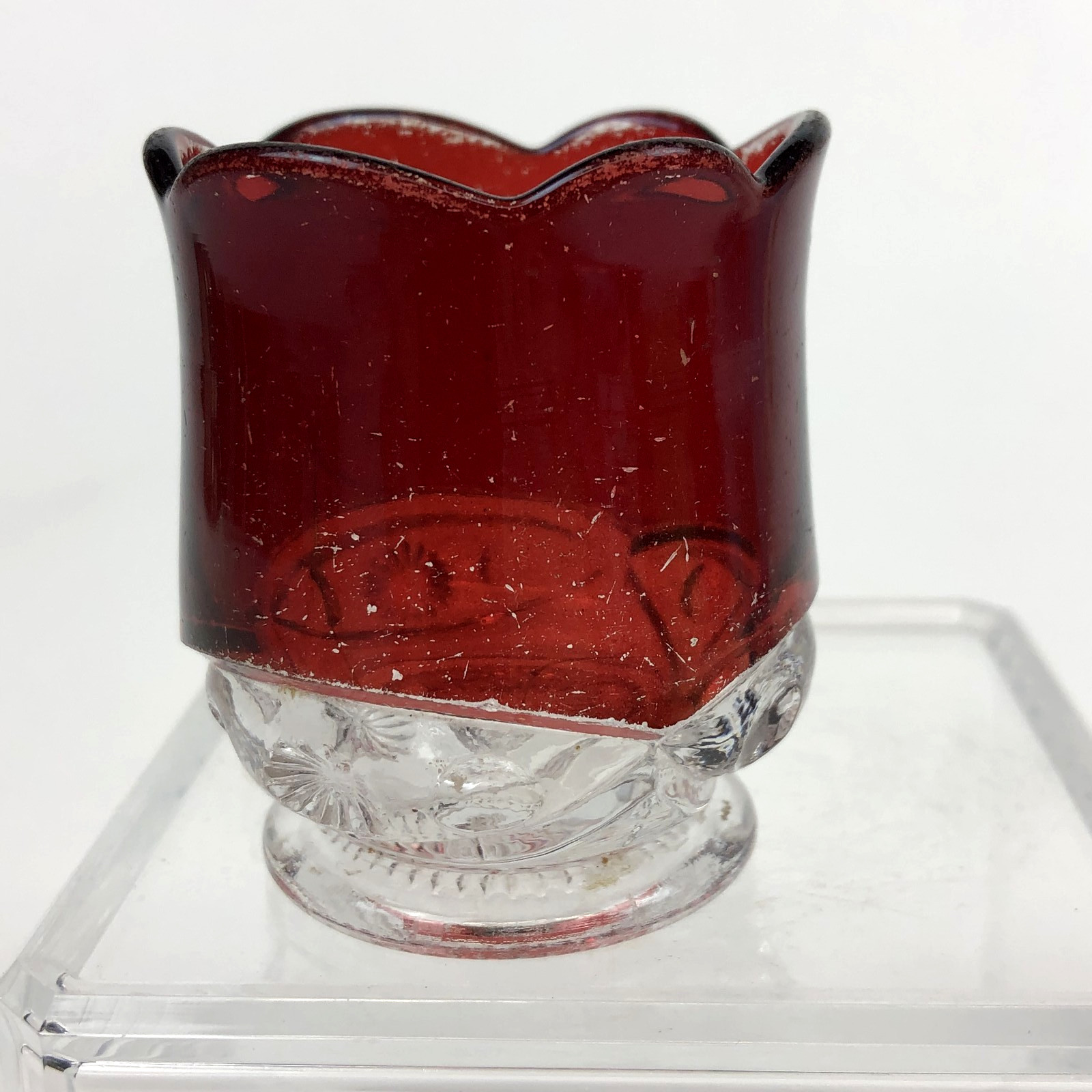 VTG Souvenir Battle Creek MI Flashed Cranberry Glass Toothpick Holder Scalloped