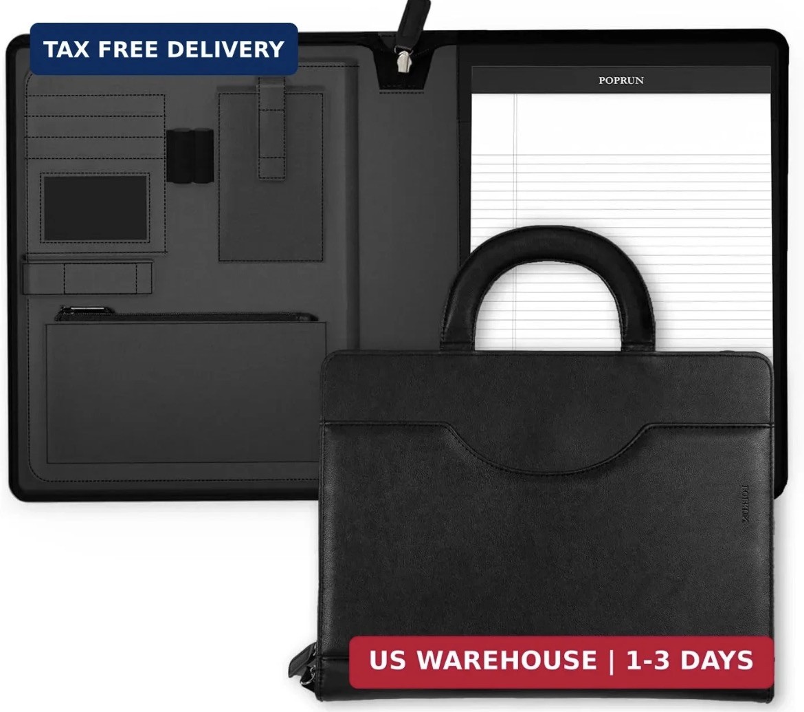 POPRUN Portfolio Binder with Zipper, Leather Padfolio Document Organizer with St