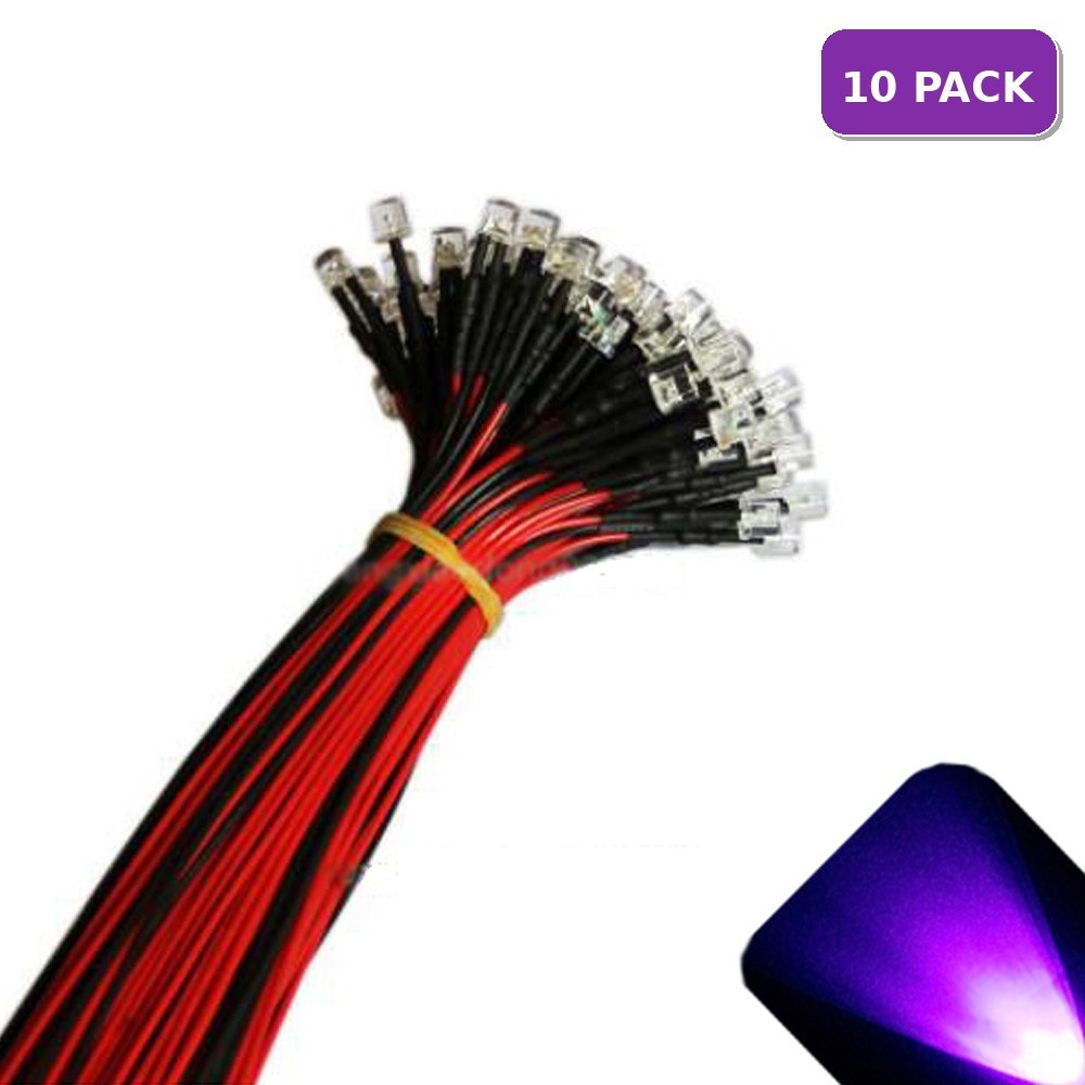 10 x 12v 5mm Flat Top Pre Wired UV Purple LED Wide Angle 13v 14v 15v Prewired