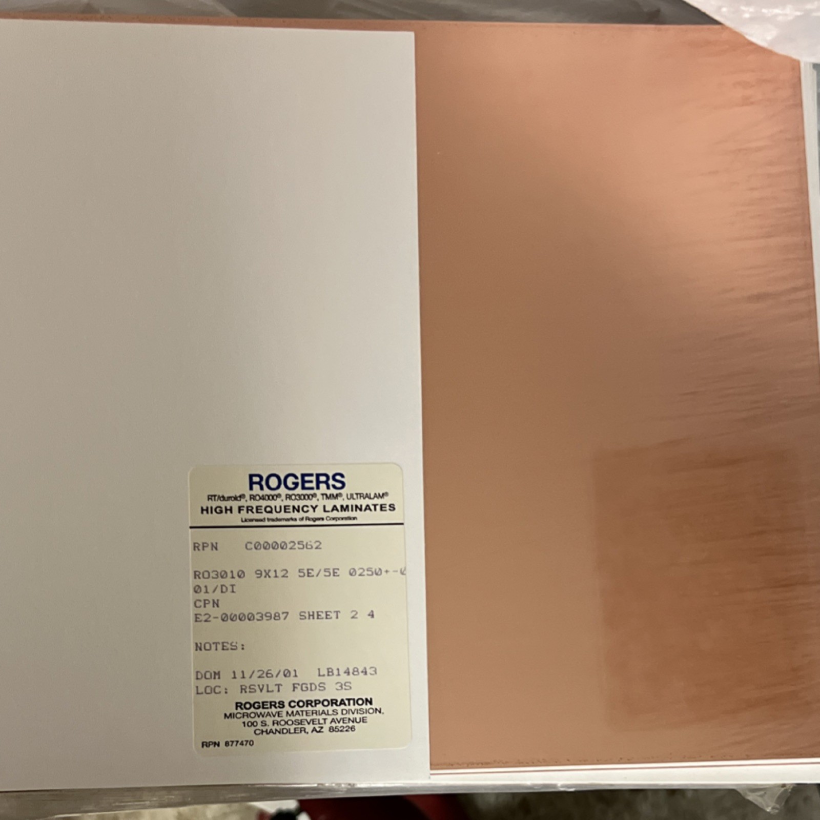 Rogers RO3010 Series High-Frequency PCB Copper Sheet C00002562 E2-00003987