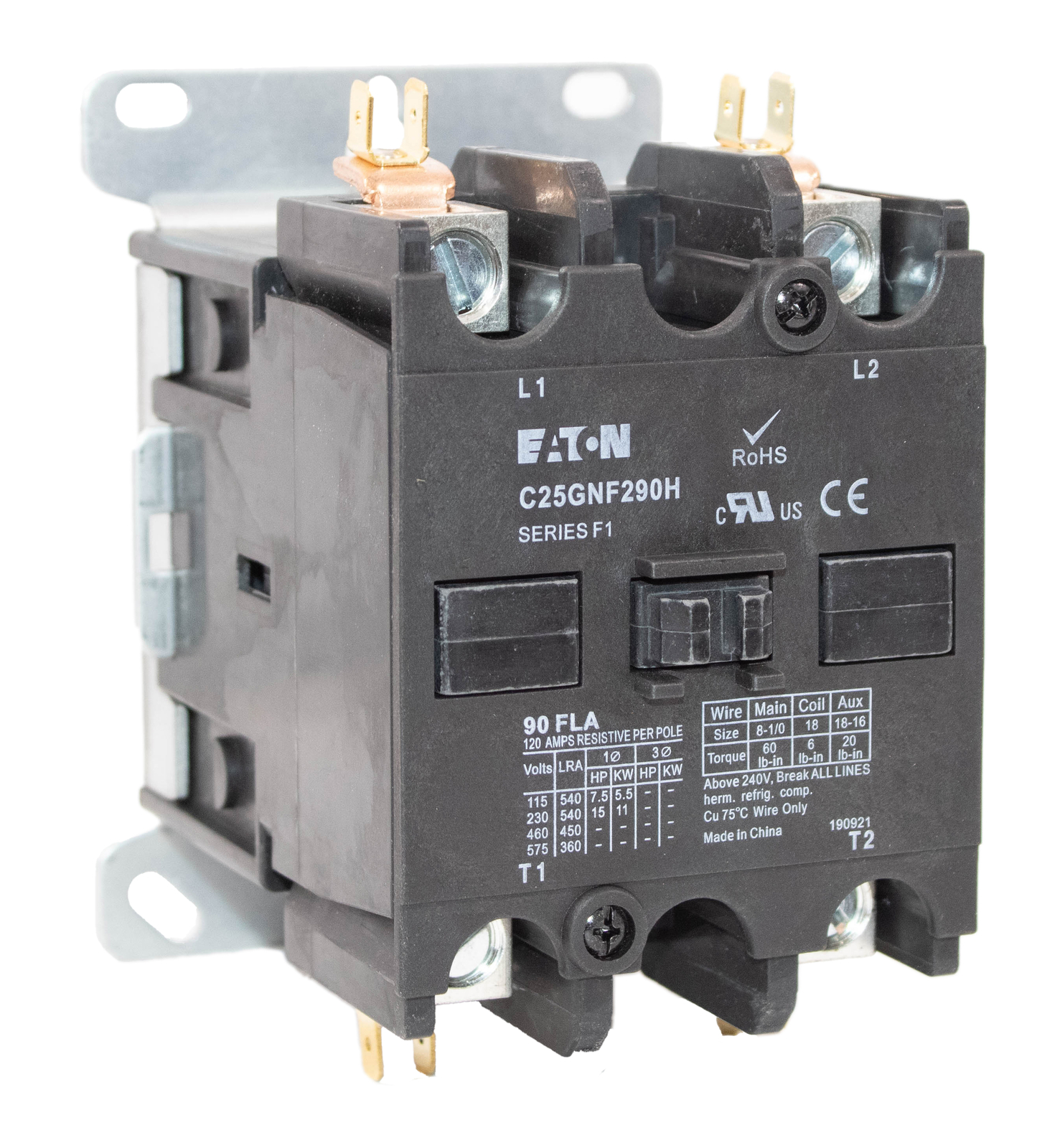 Eaton C25GNF290H Contactor 90A 600V 2P 1PH Definite Purpose