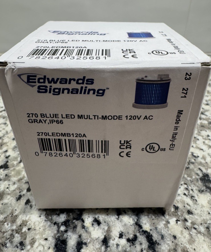 Edwards Signaling Light Blue LED 120V AC Gray fixture, New in Box Fast Ship