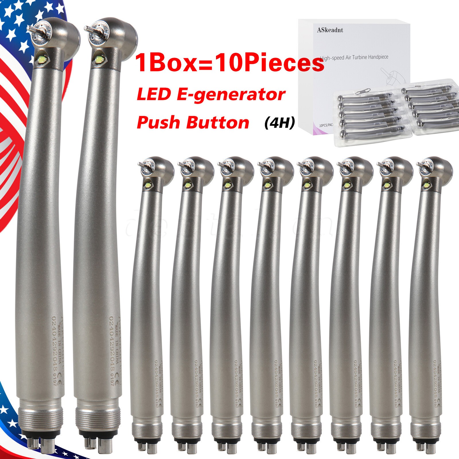 10 NSK Style Dental Hi Speed Handpiece Fiber Optic LED E-generator Turbine 4Hole