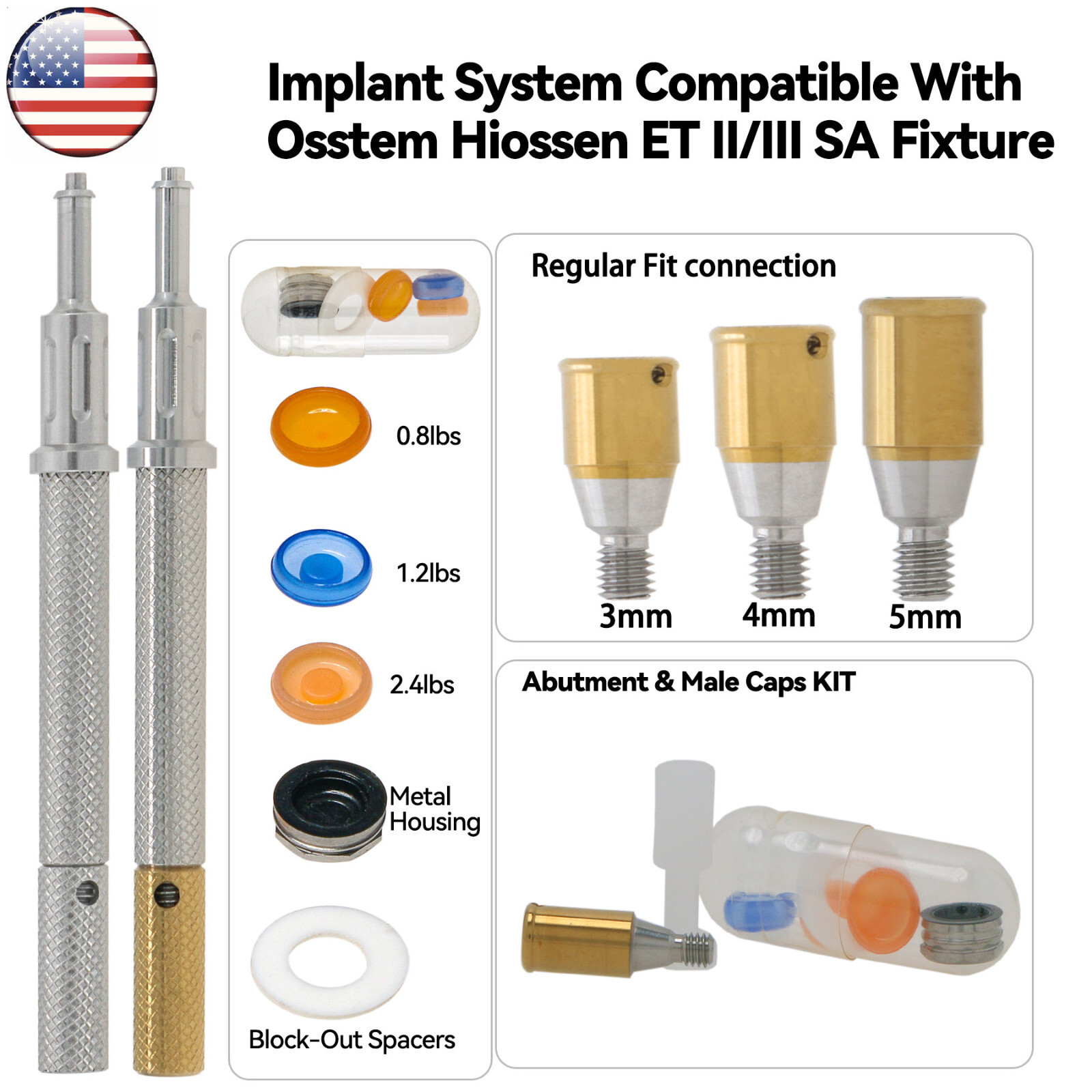 US Dental Hiossen Regular 3-5mm Attachment Abutment & Overdenture Male Caps Kits