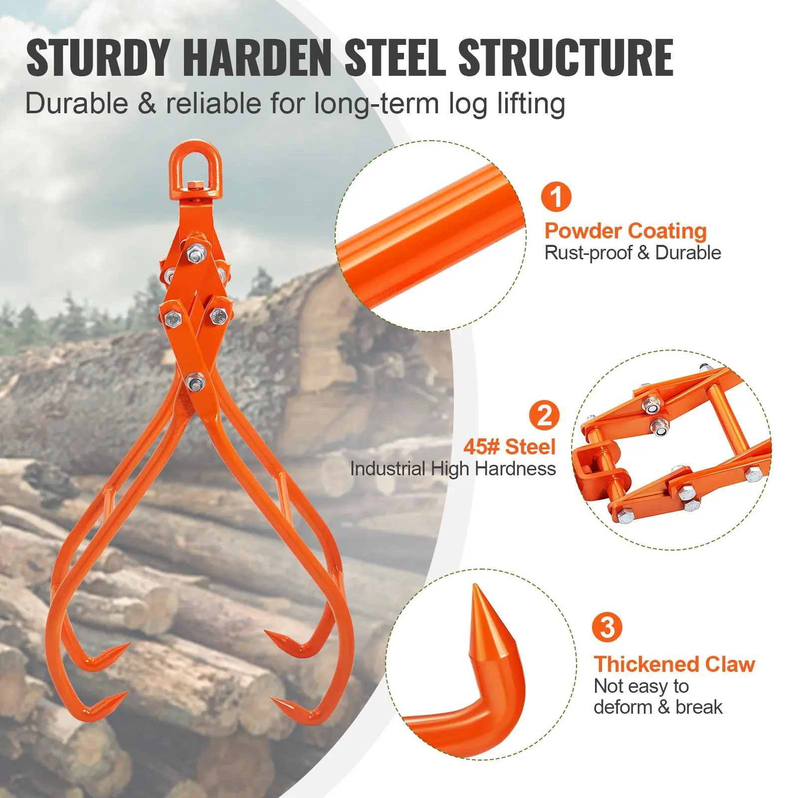 36″ Timber Log Lifting Tongs 4 Claw Swivel Steel Grapple 1500kg Loading Capacity