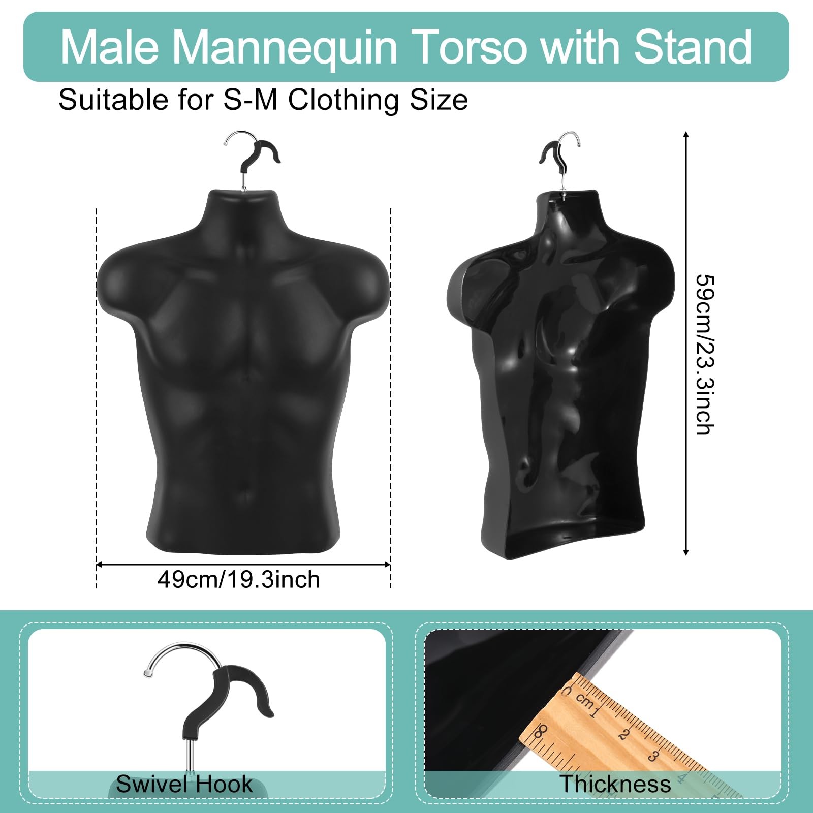 3 Packs Male Mannequin Torso Dress Form Tshirt Display Half Maniquin Body Rounde