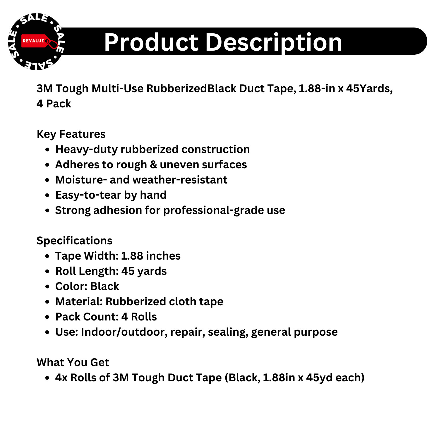 3M Tough Multi-Use RubberizedBlack Duct Tape, 1.88-in x 45Yards, 4 Pack