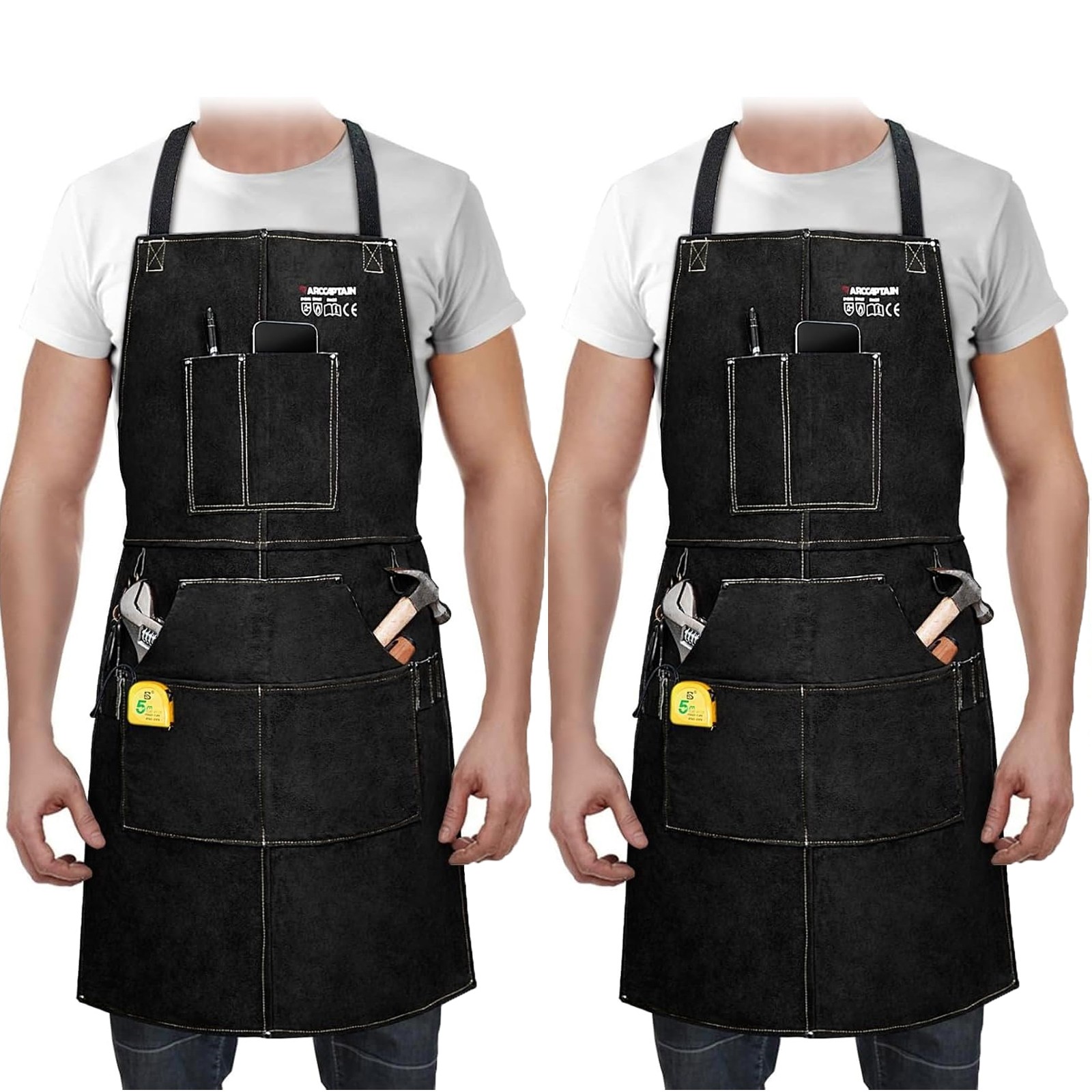 2PCS ARCCAPTAIN Leather Welding Work Apron Heat Flame Resistant Cowhide 6Pockets