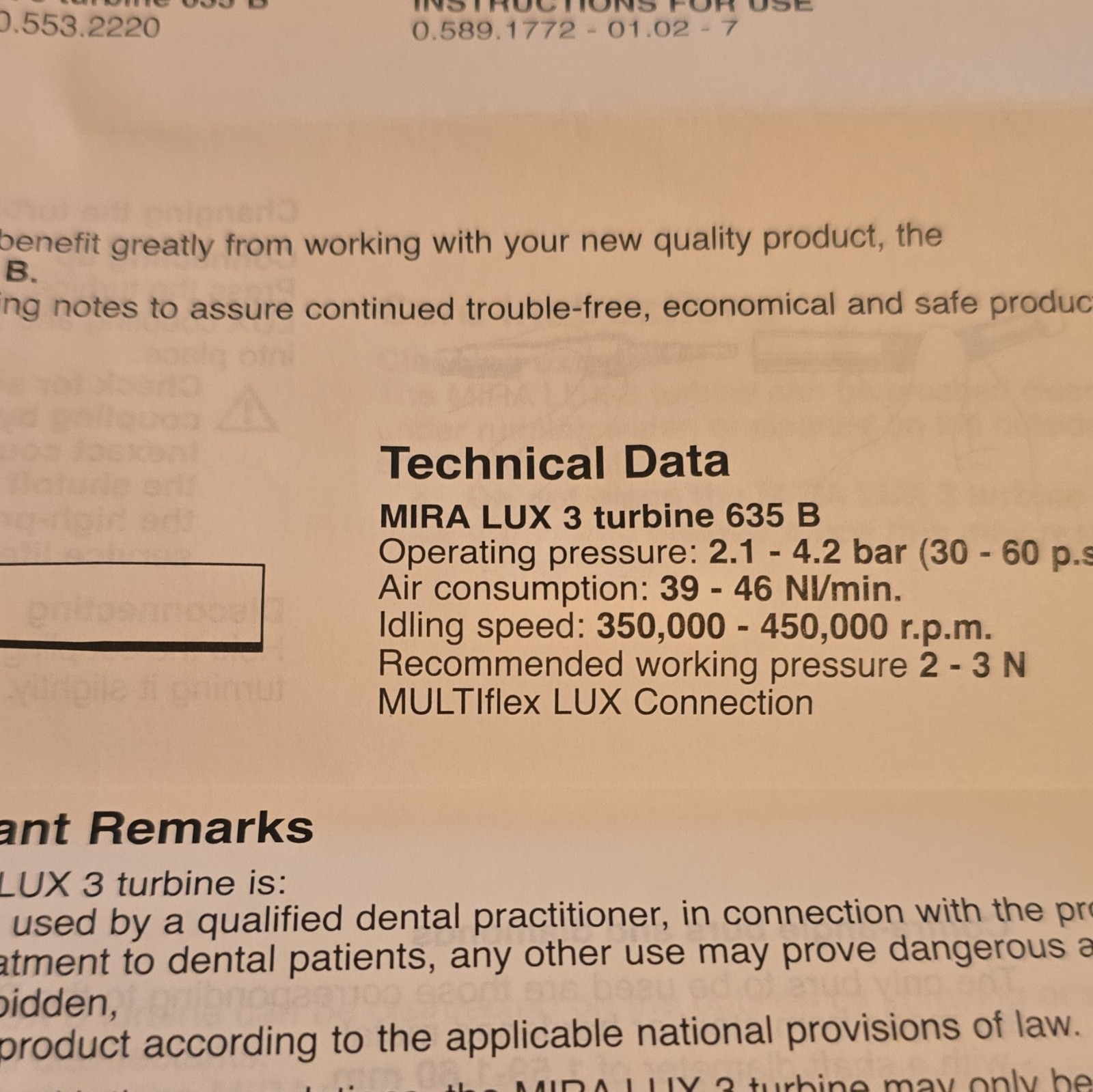 KaVo MIRA LUX 3 Turbine 635 B High Speed Straight Autochuck MULTIflex LUX