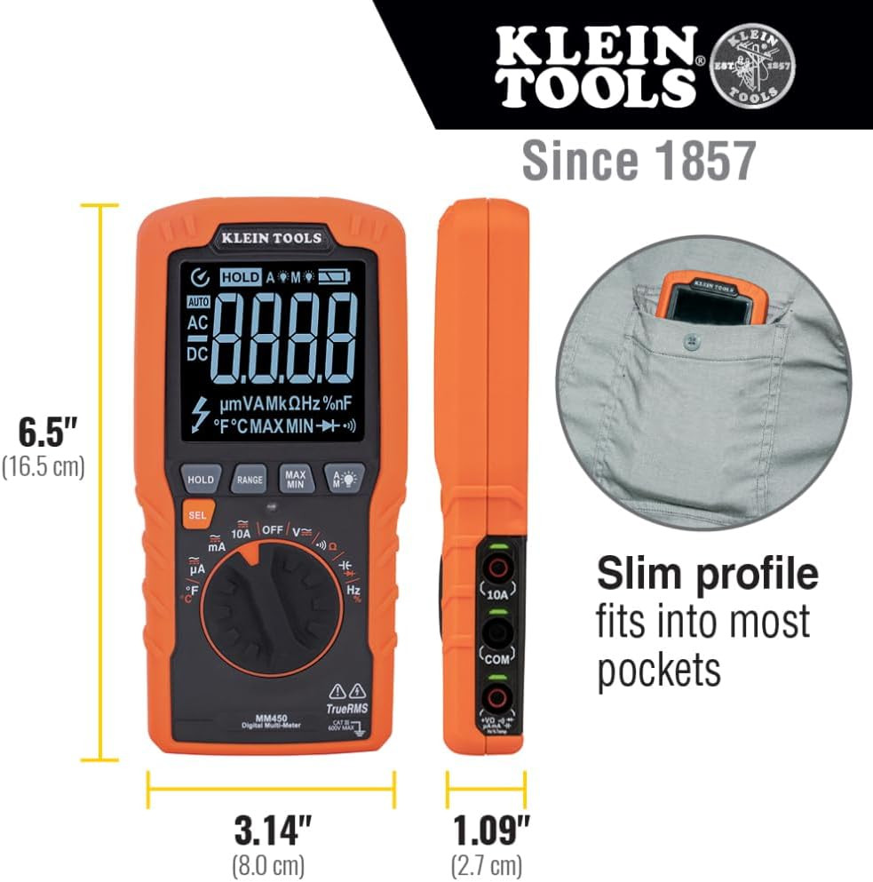 MM450 Slim Digital Multimeter, Reverse Contrast Display with Lead Alert, Auto-Ra